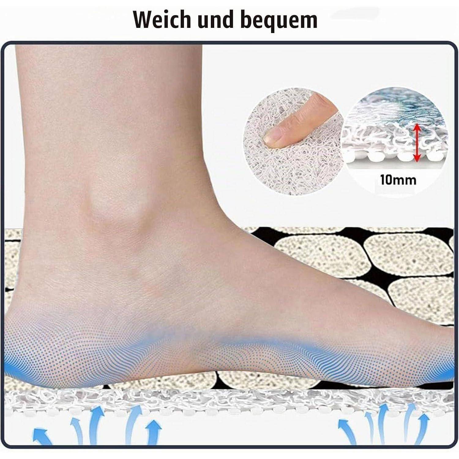 Illustration eines Fußes auf einer gepolsterten Innensohle mit der Beschriftung „Weich und bequem" und „10mm"", die weiches, atmungsaktives Material und Stoßdämpfung zeigt.