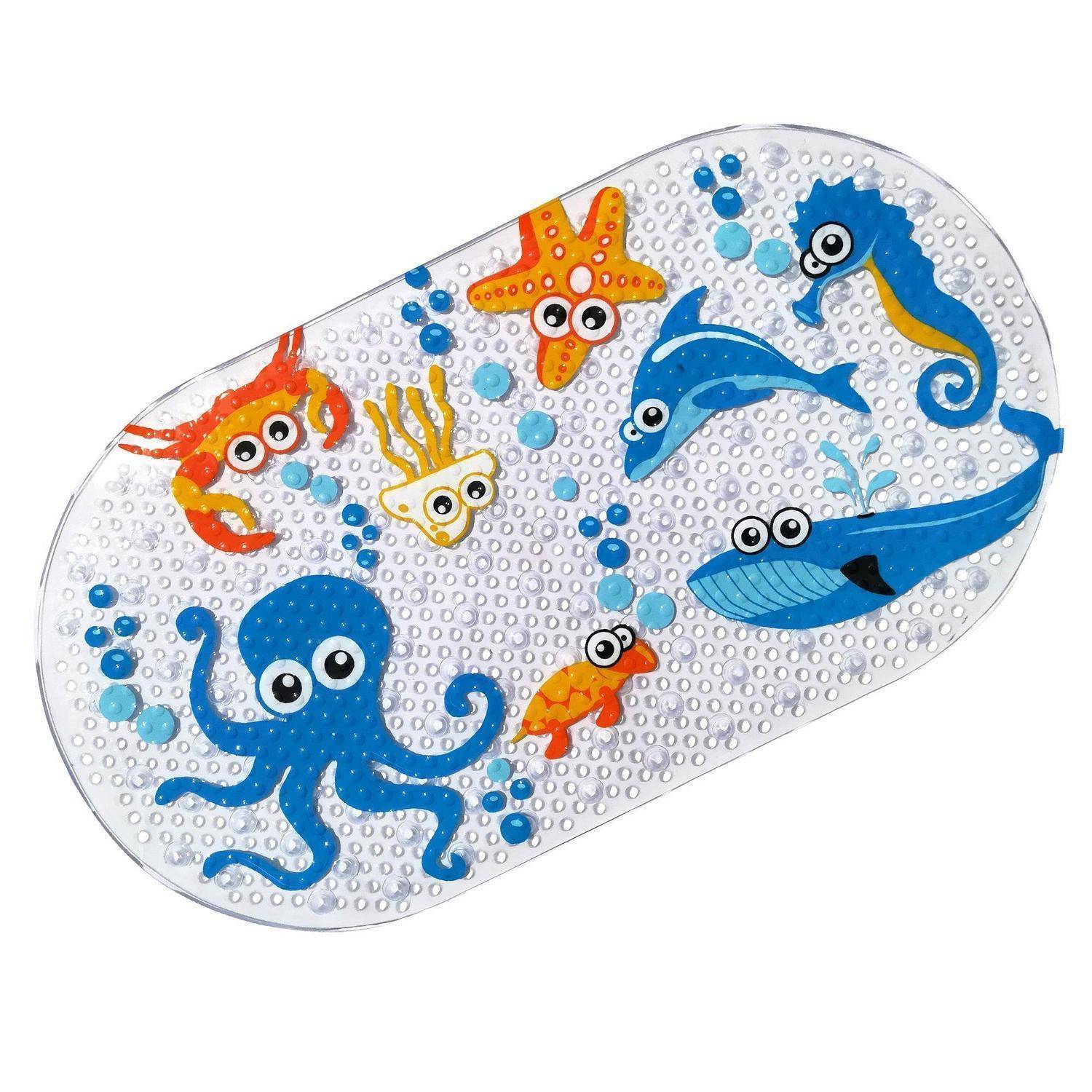 Bunte, ozeanisch inspirierte Badematte mit Cartoon-Meerestieren und Blasen, einschließlich Krake, Krebs, Seestern, Fisch, Delfin, Wal und Seepferd.
