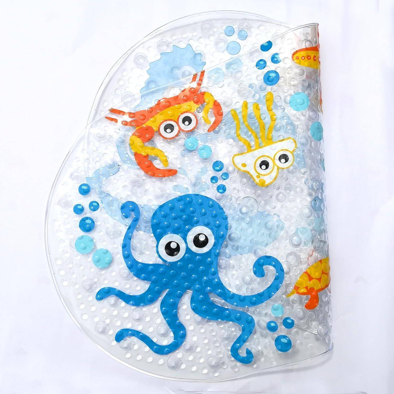 Durchsichtiges gekrümmtes Kunststoff-Sensorikspielzeug mit strukturierten Punkten und bunten Cartoon-Meerestieren, einschließlich eines Oktopus, einer Krabbe und eines Fisches.