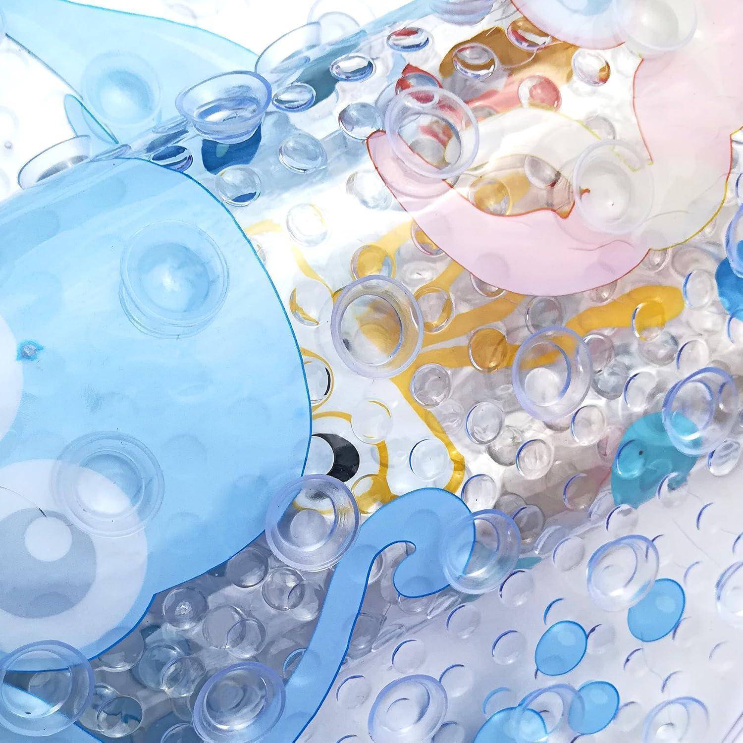 Abstraktes Bild aus durchscheinenden blauen, rosa und gelben glasartigen Blasen und Wirbeln, die über einem weißen Hintergrund übereinander angeordnet sind.