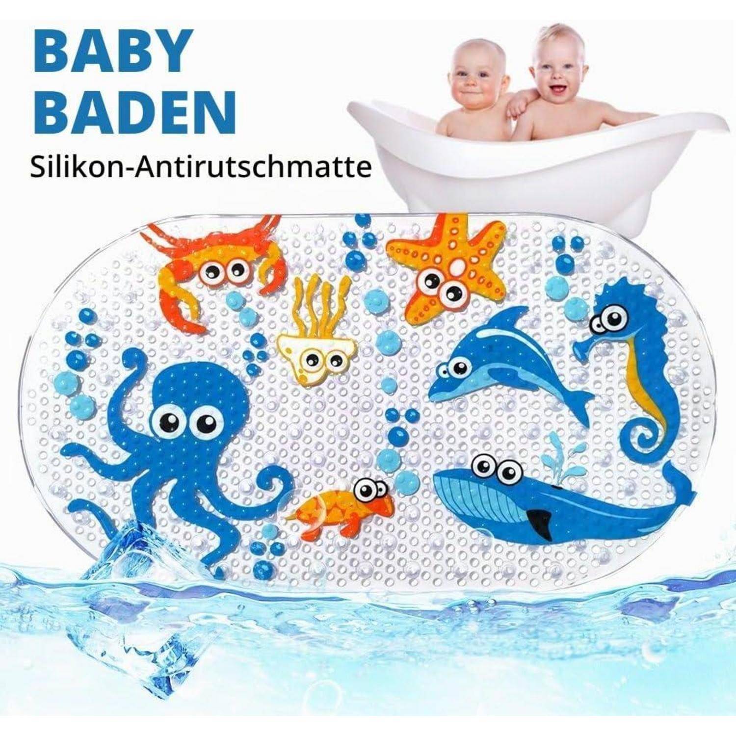 BABY BADEN Rutschfeste Silikon-Badewannenmatte mit farbenfrohen Cartoon-Meerestieren und zwei Babys in einer Badewanne.