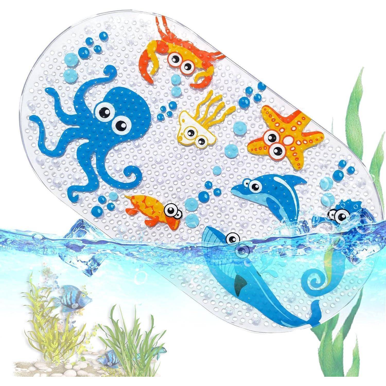 Bunte Unterwasserszenerie mit Cartoon-Meeresbewohnern auf einer durchsichtigen, blasenmustrigen Badematte, teilweise im Wasser spritzend mit Seegras darunter.