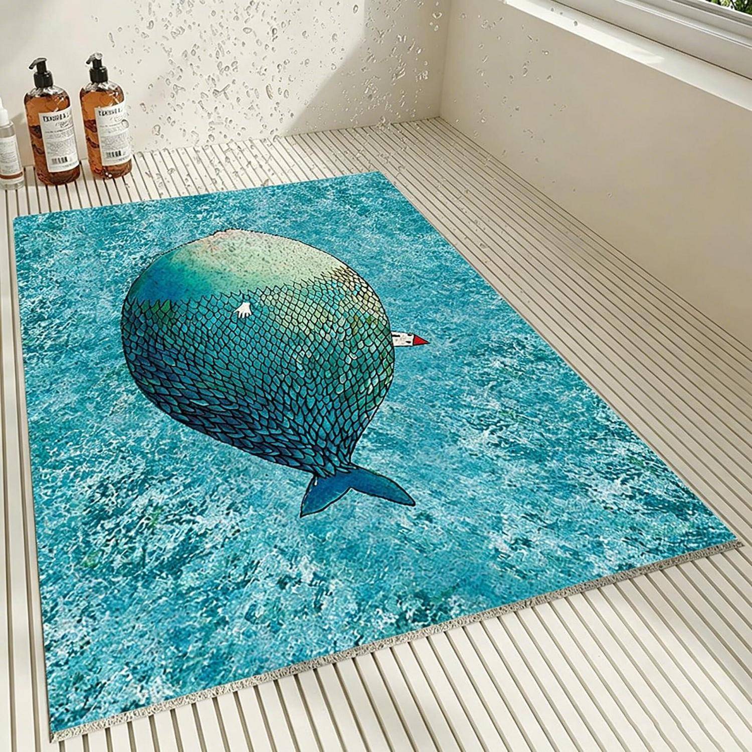 Badezimmerboden mit einem 3D-Teppich mit optischer Täuschung, der einen großen Wal oder Fisch zeigt, der in blauem Wasser schwimmt, mit zwei Seifenflaschen an der Wand.