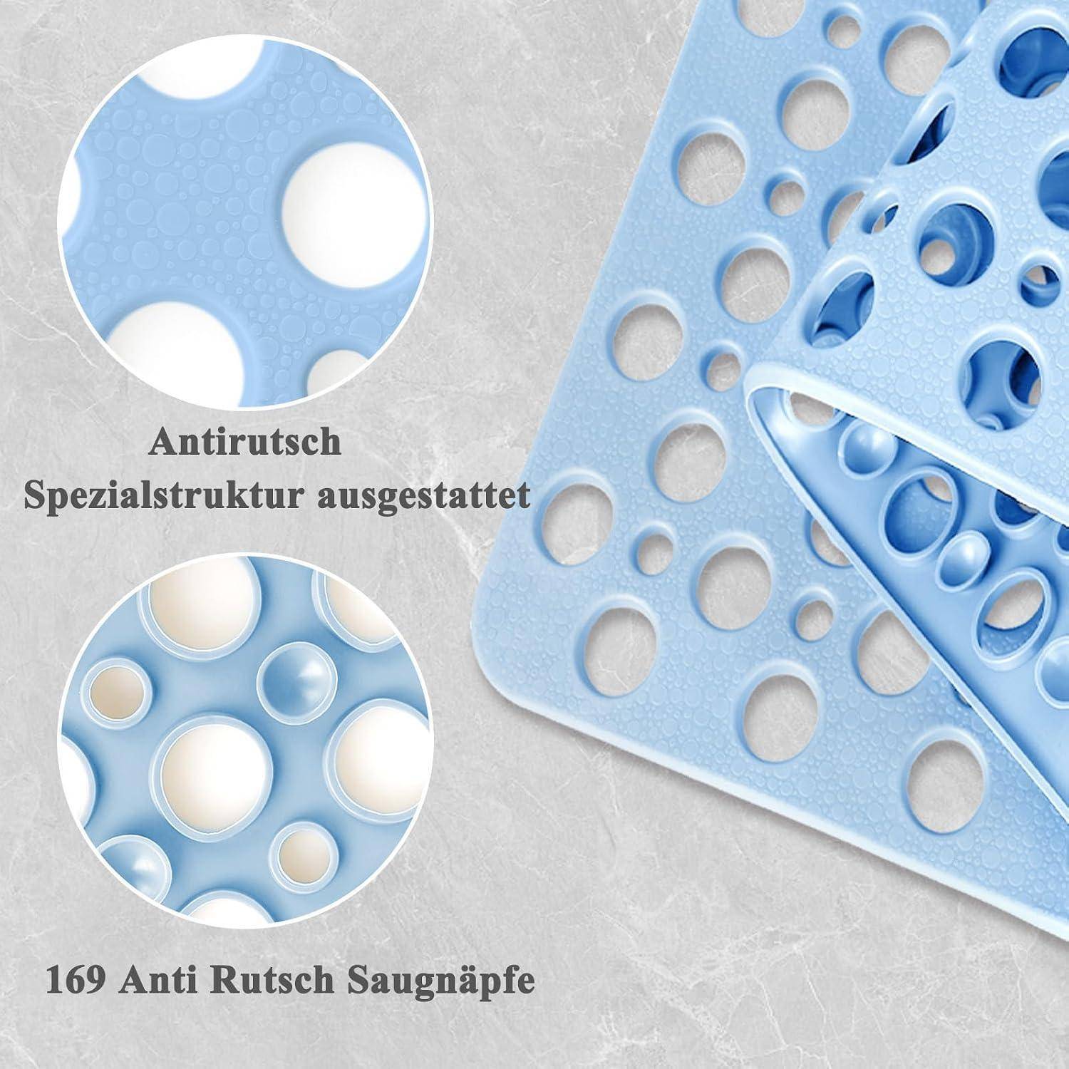 Blaue Antirutsch-Matte mit Saugnäpfen, gezeigt mit Nahaufnahmen der strukturierten Unterseite und dem Text „Antirutsch Spezialstruktur ausgestattet