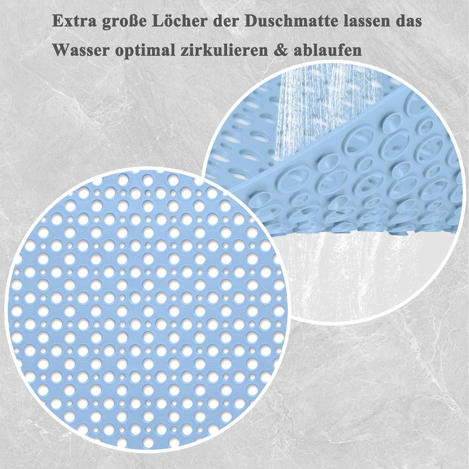 Blaubare Badmatte mit extra großen Löchern, in Nahaufnahmekreisen dargestellt, die Wasserzirkulation und Entwässerung veranschaulichen.