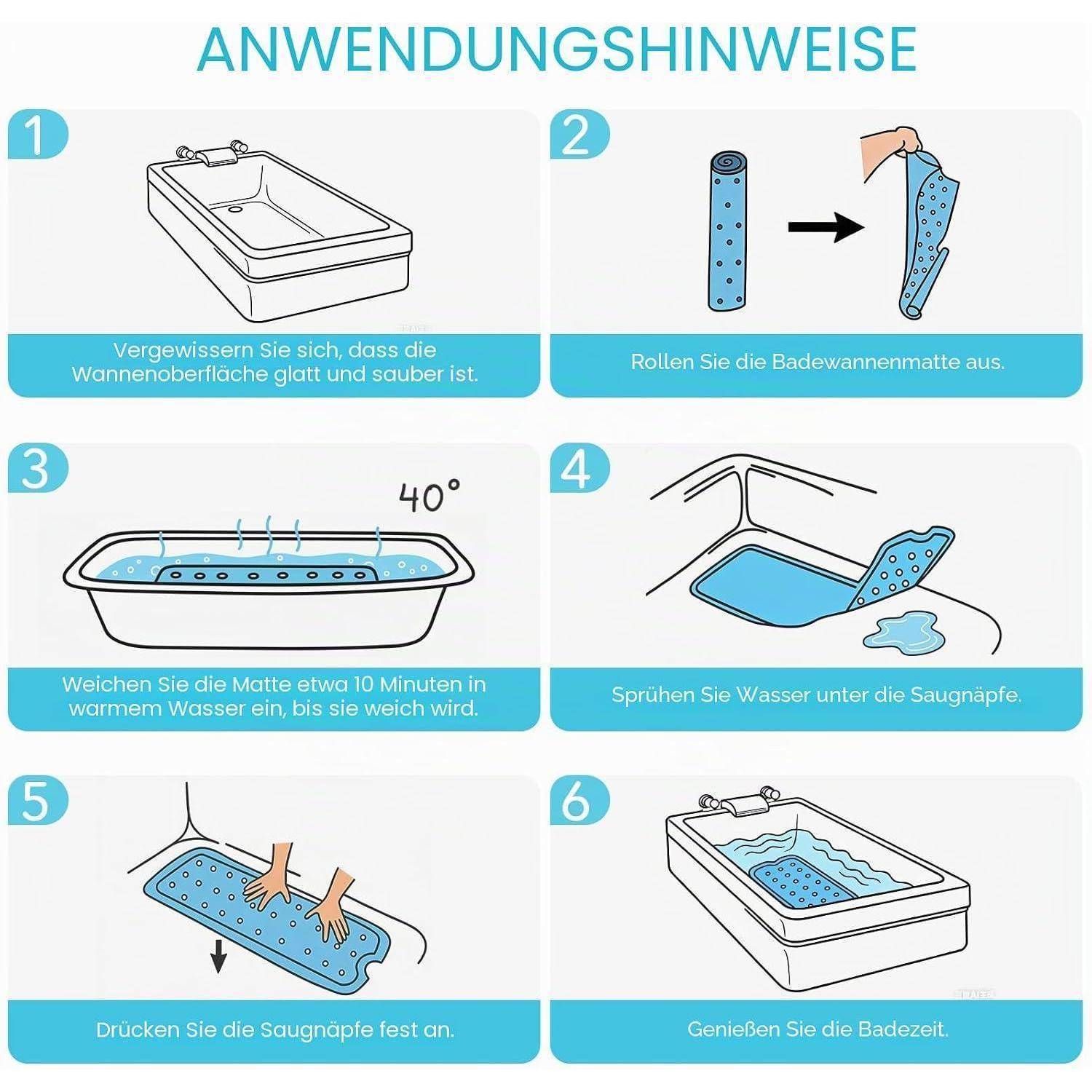 Anleitung für eine Badewannenmatte: Badewanne reinigen, Matte ausrollen, 10 Minuten in 40°C warmem Wasser einweichen, Wasser unter die Saugnäpfe sprühen, fest andrücken, dann das Bad nutzen.