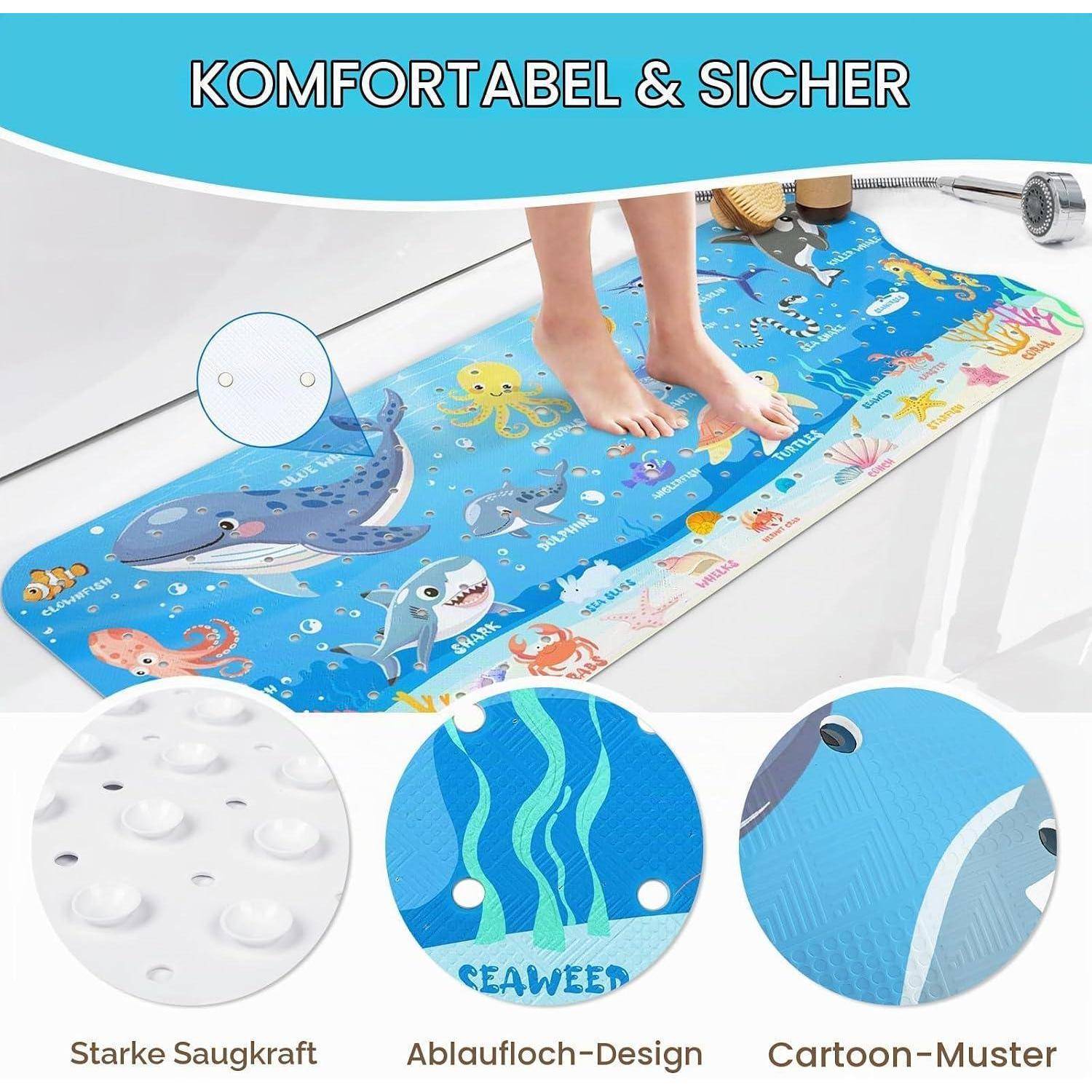 Blauantichter Kinder-Badteppich mit Cartoon-Meerestieren, zeigt rutschfeste Saugnapfkappen, Abflusslöcher und Komfort/Sicherheit für die Badewanne.