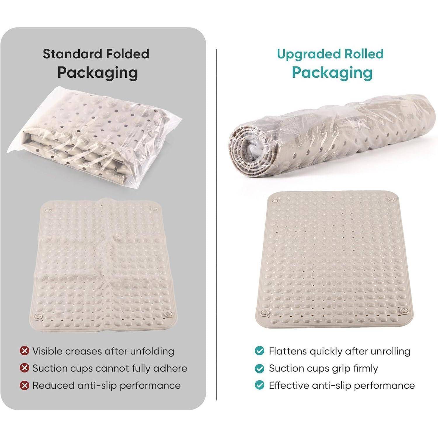 Vergleich der Standard-Faltverpackung mit der verbesserten Rollverpackung, wobei die Rollverpackung flacher wird, fester haftet und die Anti-Rutsch-Leistung verbessert.