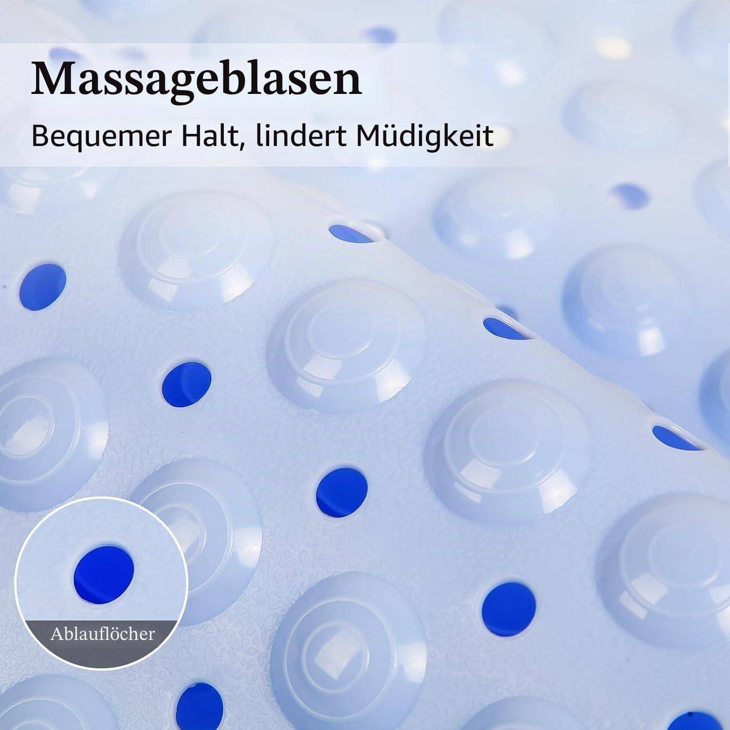 Massagekissen mit blauen Luftlöchern und Saugnäpfen; deutscher Text sagt 