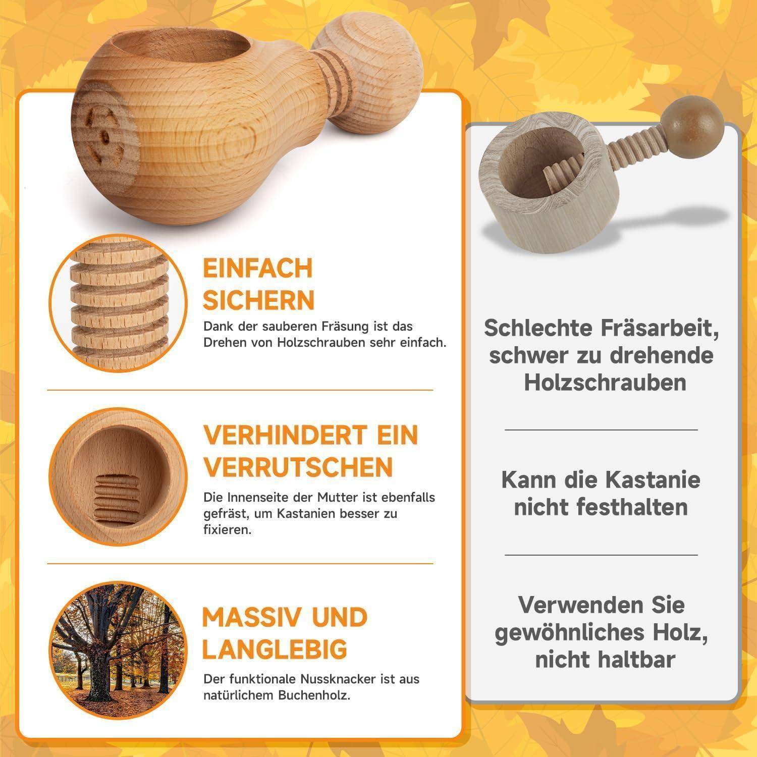 Deutscher Infografik-Vergleich von Nussknackern aus Holz: Ein glattes Hartholz-Design ist leicht zu sichern, verhindert Rutschen und ist langlebig; ein raues Design ist schwer zu drehen und kann die Kastanie nicht halten.