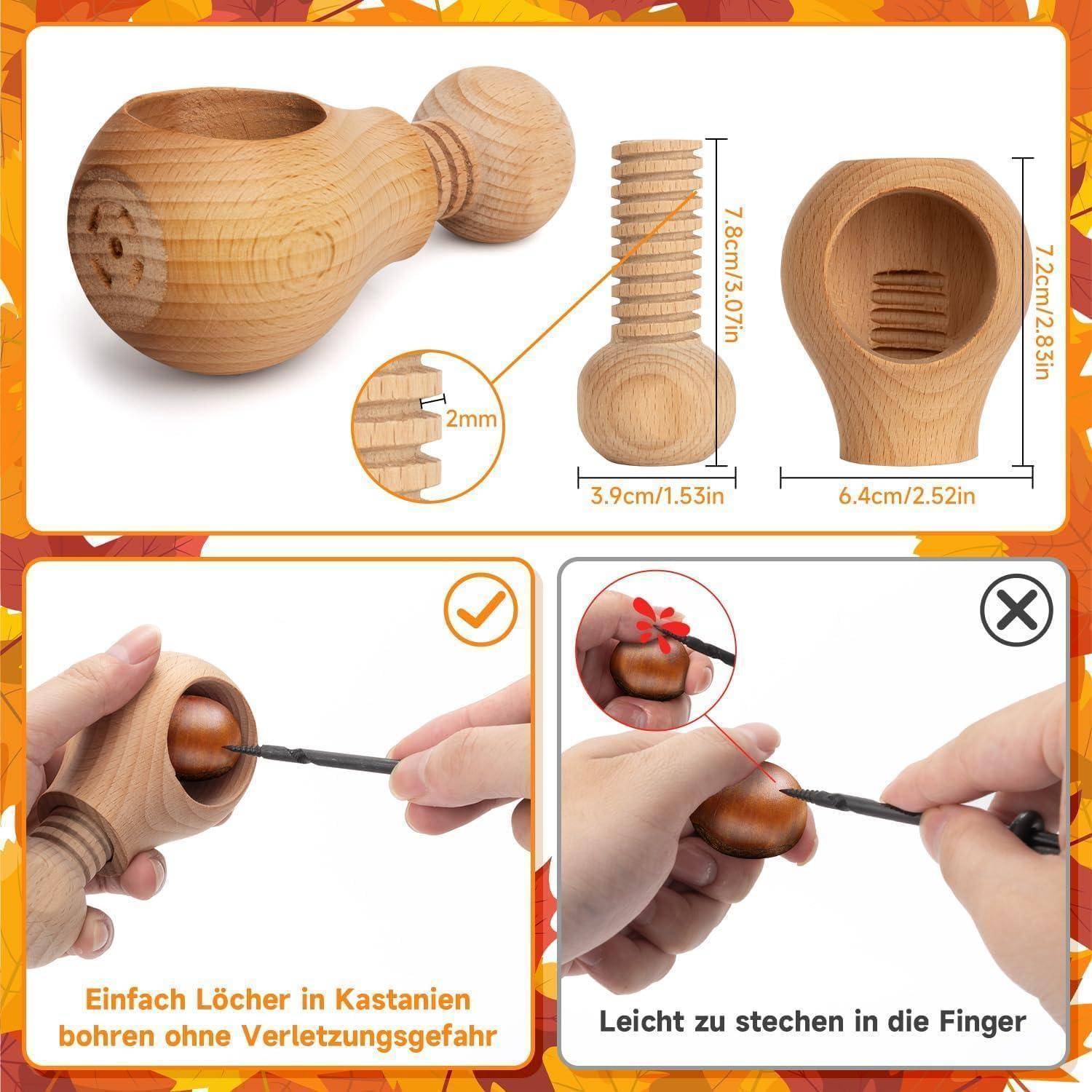Anleitung-Grafik mit einem Holzwerkzeug zum Halten von Kastanien und Abmessungen, mit Demonstrationen, die zeigen, dass Sie damit sicher Kastanien bohren oder aufspießen können, ohne sich die Finger zu verletzen.