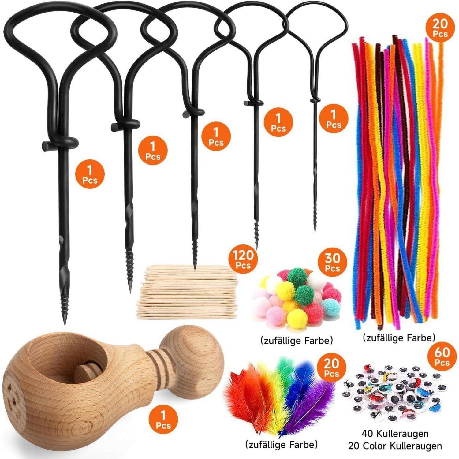 Verschiedenes Bastel- und Spielset: 5 schwarze Werkzeuge, 20 Pfeifenreiniger, 120 Holzstäbchen, 30 Pom-Poms, 20 Federn, 60 wackelige Augen und ein hölzerner Kreisel.