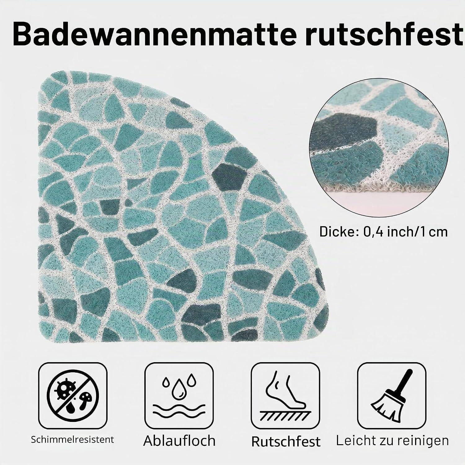 Türkisfarbene Badematte mit Mosaikmuster in Halbkreisform, gekennzeichnet als rutschfest, schimmelresistent, mit Ablaufloch, leicht zu reinigen, 1 cm dick.