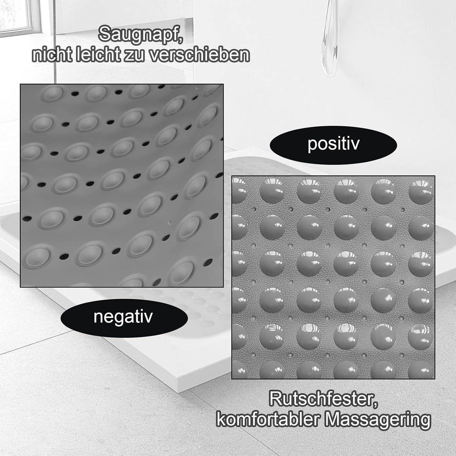 Vergleich von zwei strukturierten Oberflächenmustern: „negativ" ist mit Saugnapf gekennzeichnet, schwer zu bewegen; „positiv"" ist mit rutschfest gekennzeichnet, angenehme Massage.