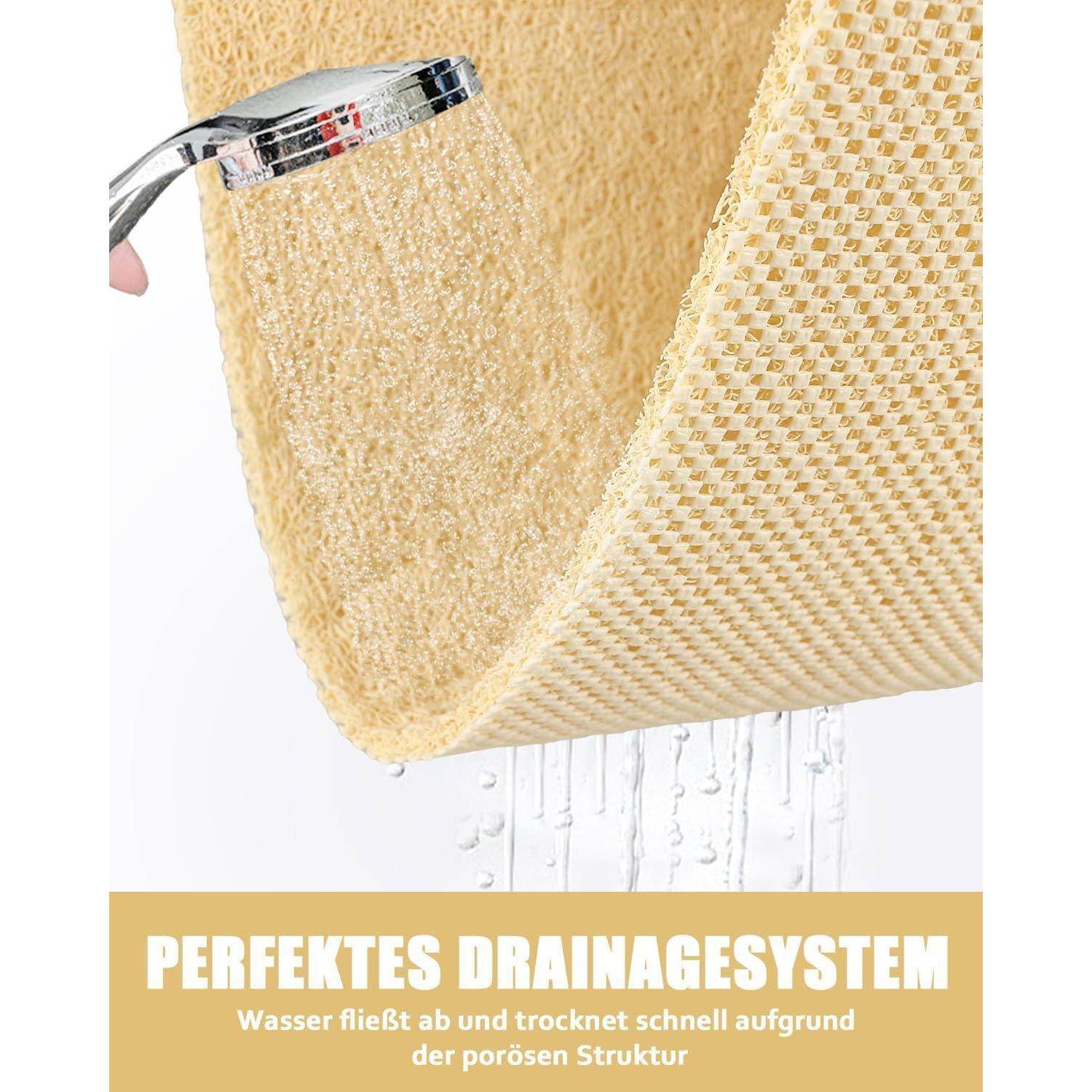 Duschvorhang mit poröser Struktur, der Wasser ablässt; Text besagt „PERFEKTES DRAINAGESYSTEM