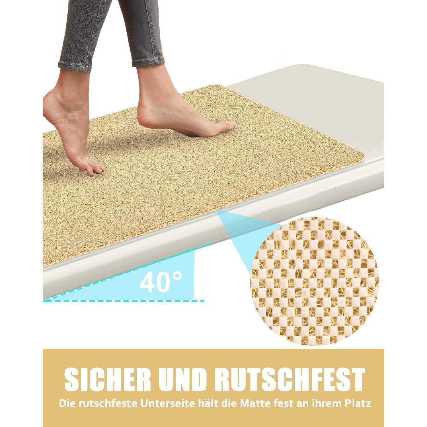 Barfuß auf eine strukturierte Matte auf einer geneigten Fläche treten, die zeigt, dass sie sicher und rutschfest bleibt; deutscher Text sagt „SICHER UND RUTSCHFEST