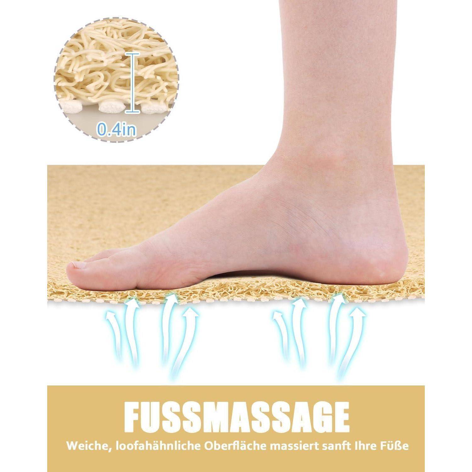 Barfuß auf einer gepolsterten Matte mit Pfeilen, die Druckentlastung zeigen; Einschub besagt 0,4 Zoll. Text: 'FUSSMASSAGE' und 'Weiche, loofahähnliche Oberfläche massiert sanft Ihre Füße