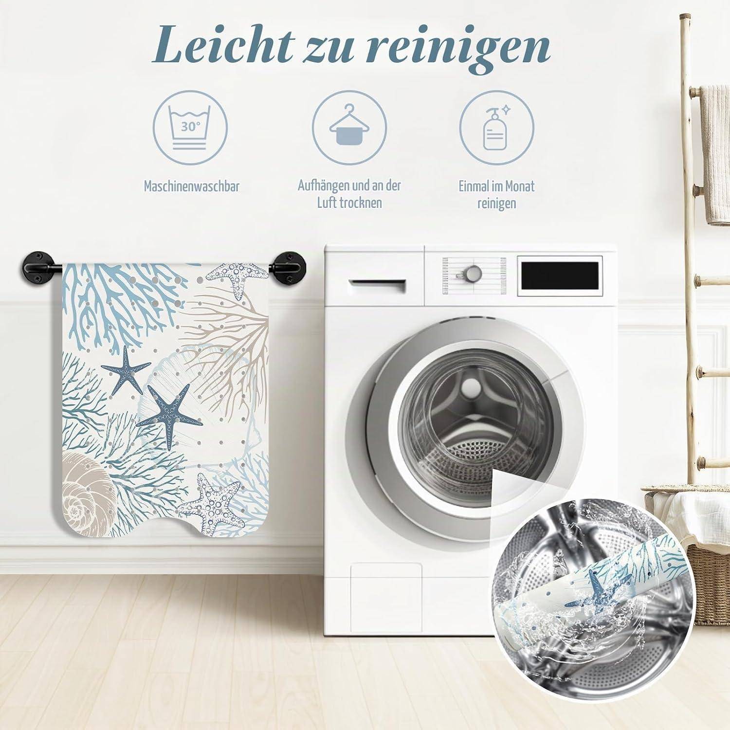 Anzeige für einen waschbaren Wandbehang-Stoffspeicherkorb neben einer Frontlader-Waschmaschine, mit deutschem Text „Leicht zu reinigen" und Pflegekennzeichen.
