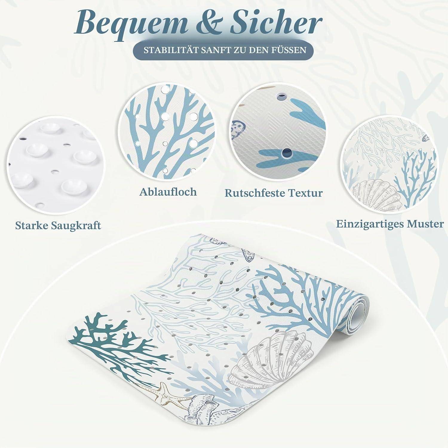 Werbebild einer gemusterten Badematte/eines Badteppichs mit starker Saugkraft, Entwässerungslöchern, rutschfester Oberfläche und einzigartigem Meeresdesign.