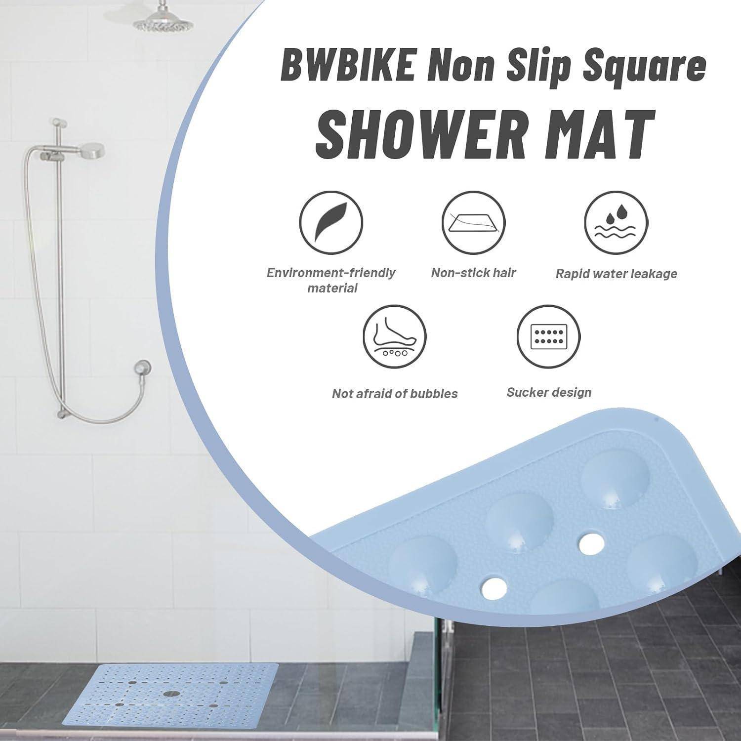 Anzeige für BWBike rutschfeste quadratische Duschenmatte mit einer hellblauen Saugmatte in einer Dusche und Symbolen für umweltfreundliches Material, haarfrei klebend, schnelle Drainage, Blasenbeständigkeit und Saugdesign.