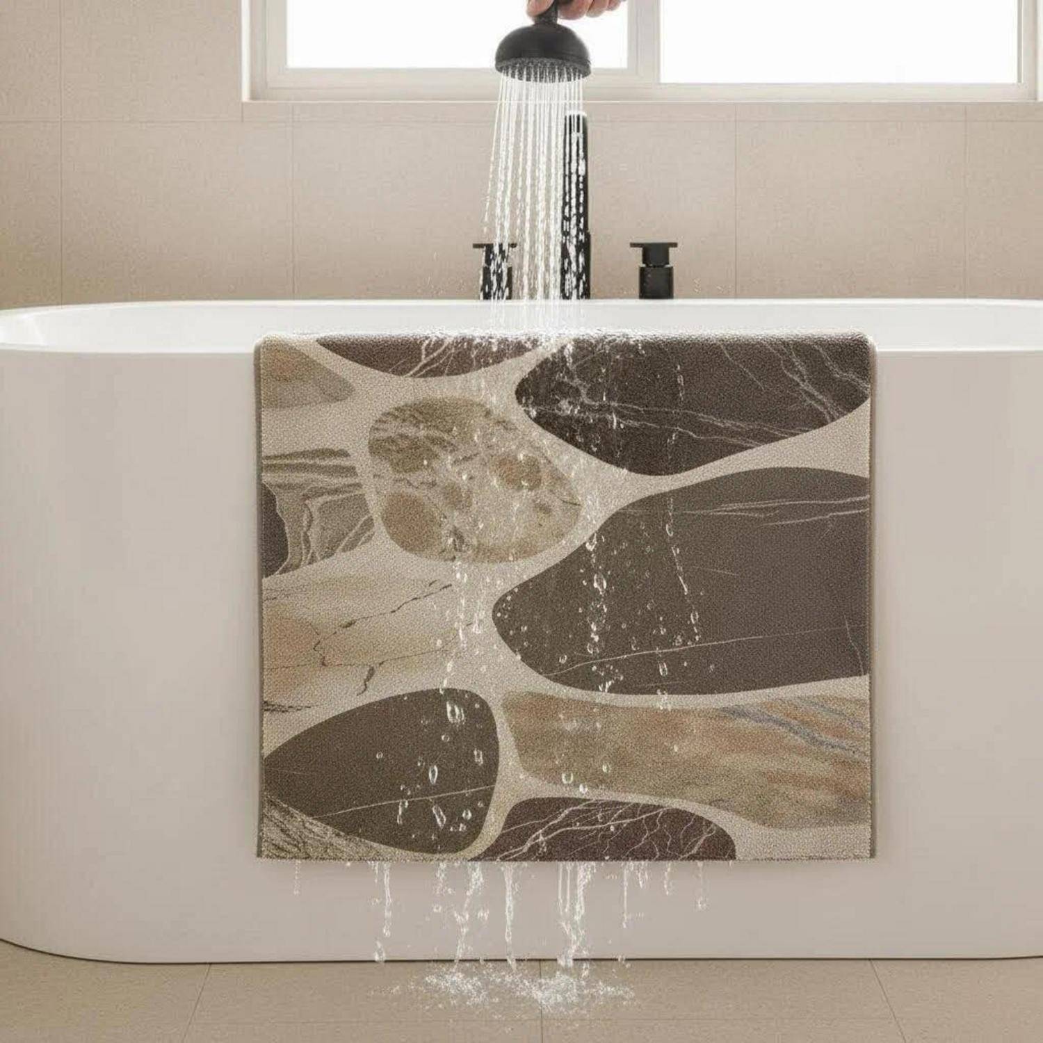 Wasser strömt aus einer tragbaren Brausekopf über ein gemustertes Tuch, das an der Seite einer weißen Badewanne drapiert ist, während Sonnenlicht von einem Fenster oben einfällt.