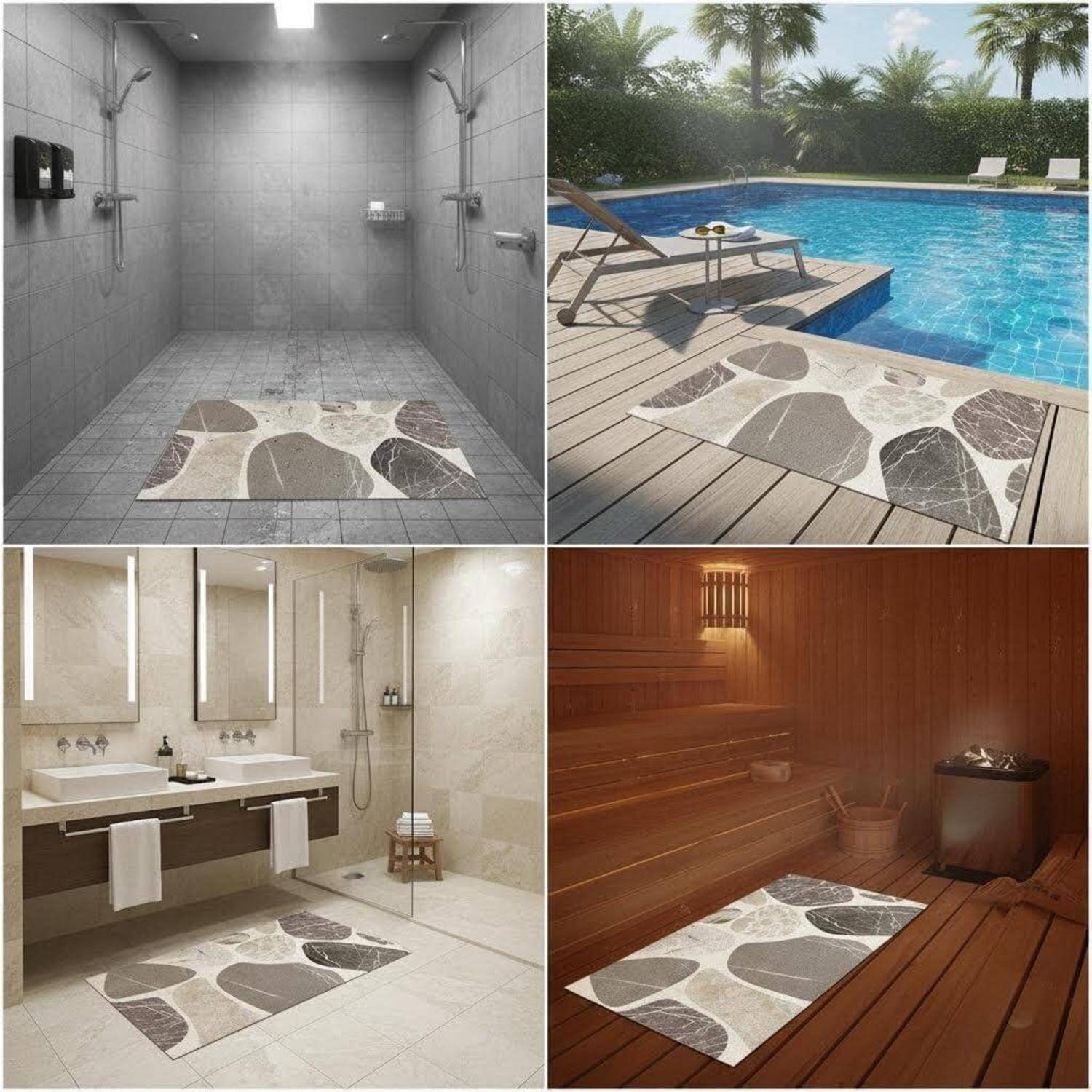 Vier Bilder zeigen die gleiche Kieselstein-Muster-Badematte in einer Dusche, neben einem Pool, in einem Badezimmer und in einer Sauna.