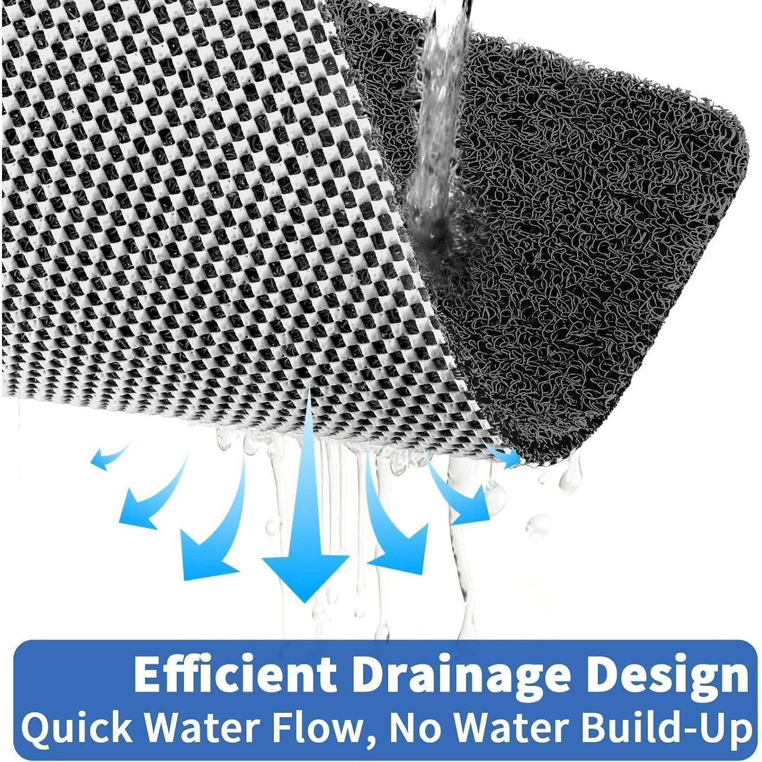 Nahaufnahme des Entwässerungsmattenmaterials mit Wasser, das hindurchfließt; Pfeile zeigen ein effizientes Entwässerungsdesign und keine Wasserstauung.