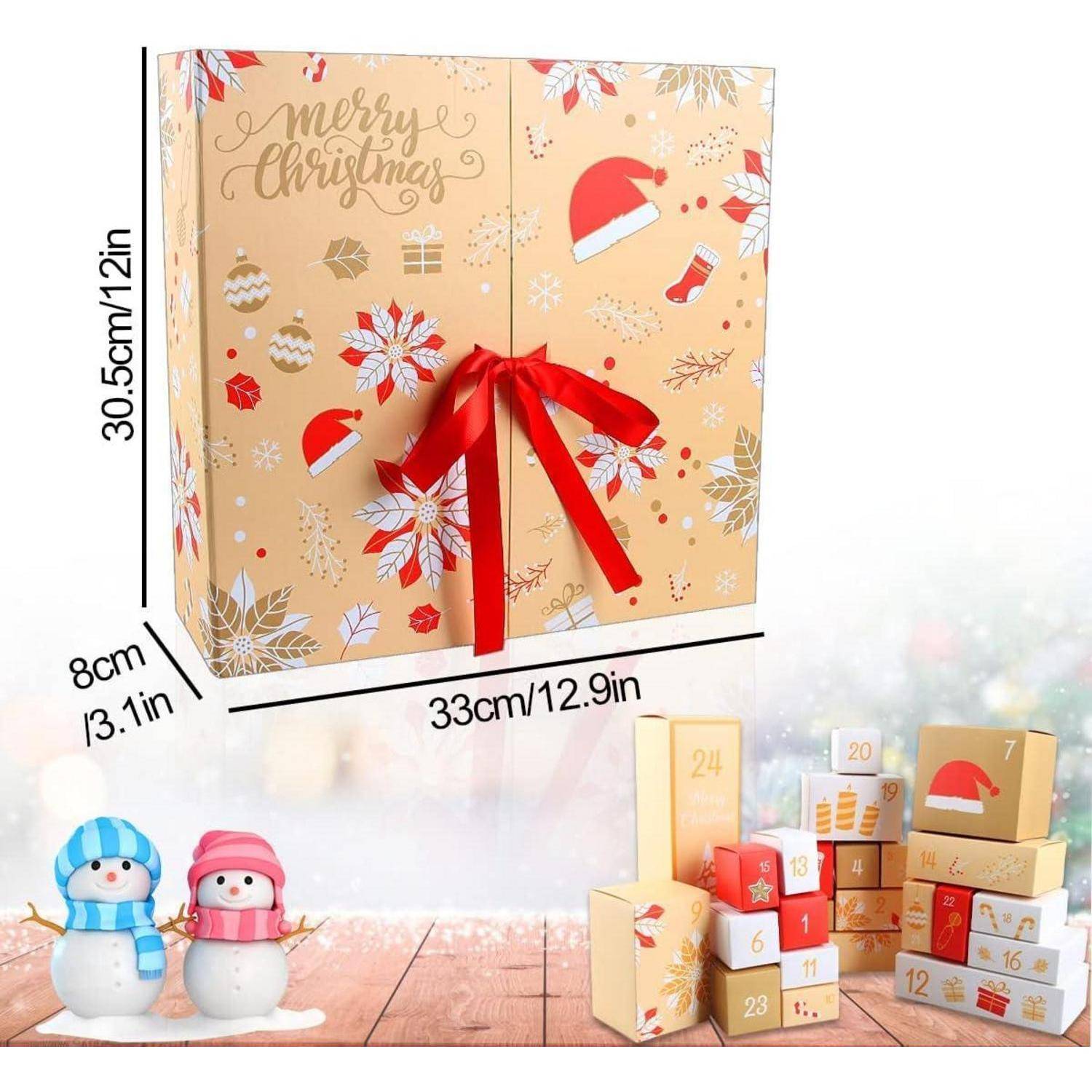 Weihnachtsgeschenkbox-Verpackung mit rotem Band, gezeigt in den Abmessungen 33 cm x 30,5 cm x 8 cm, dekoriert mit „Frohe Weihnachten