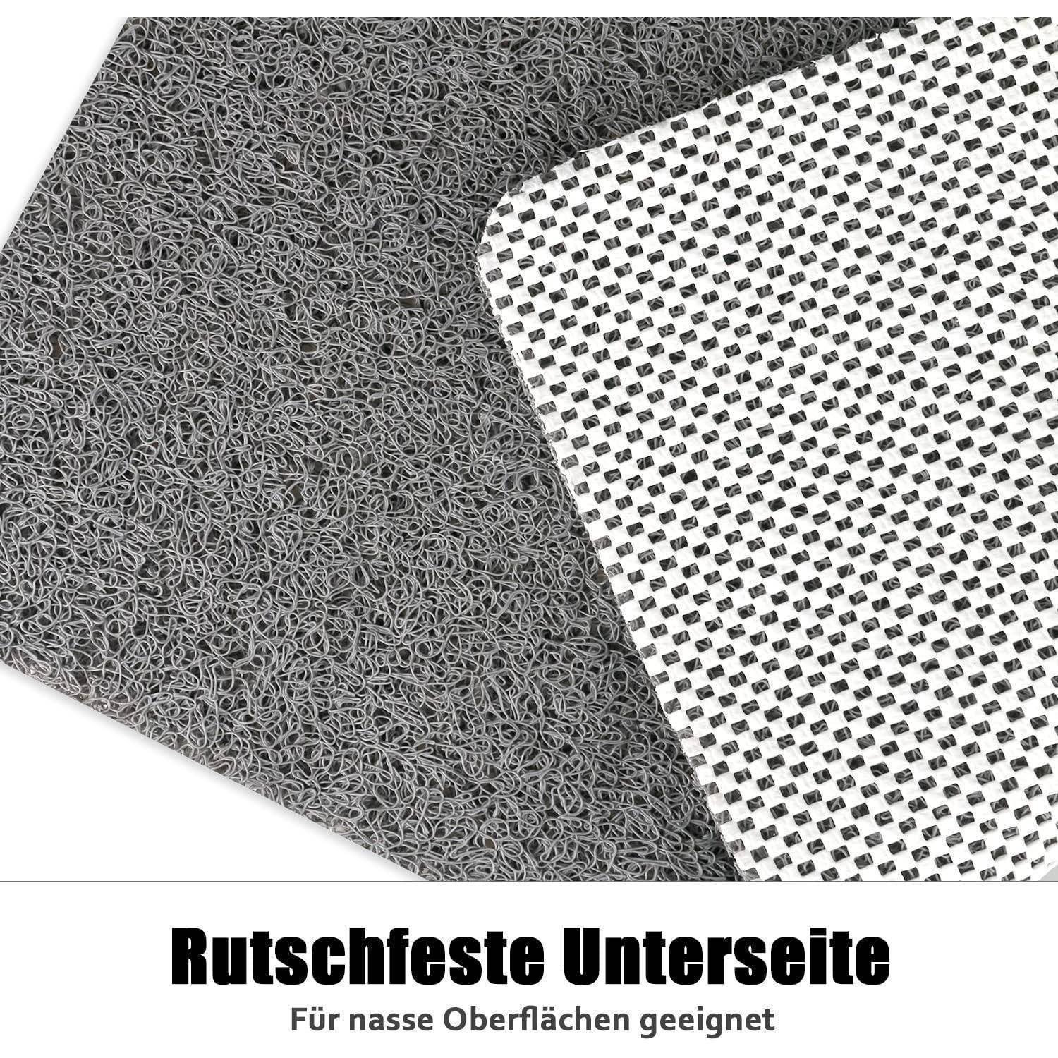 Nahaufnahme einer rutschfesten Unterlage mit strukturierter grauer Unterseite und gemusterter weißer Oberfläche; der Text besagt „Rutschfeste Unterseite