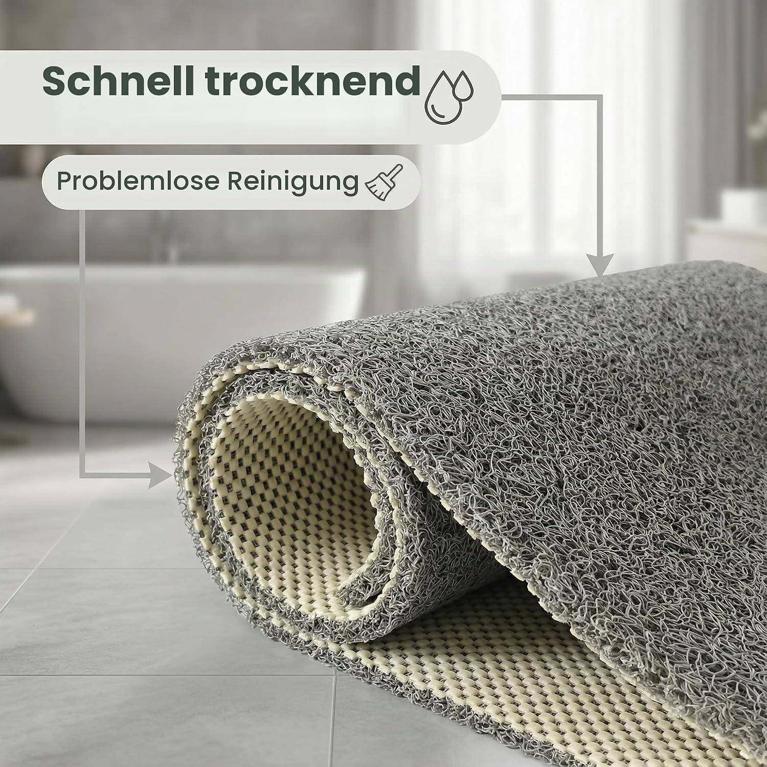 Aufgerollter grauer strukturierter Teppich auf einem Boden, beschriftet mit „Schnell trocknend" und „Problemlose Reinigung"", was schnelles Trocknen und einfache Reinigung hervorhebt.