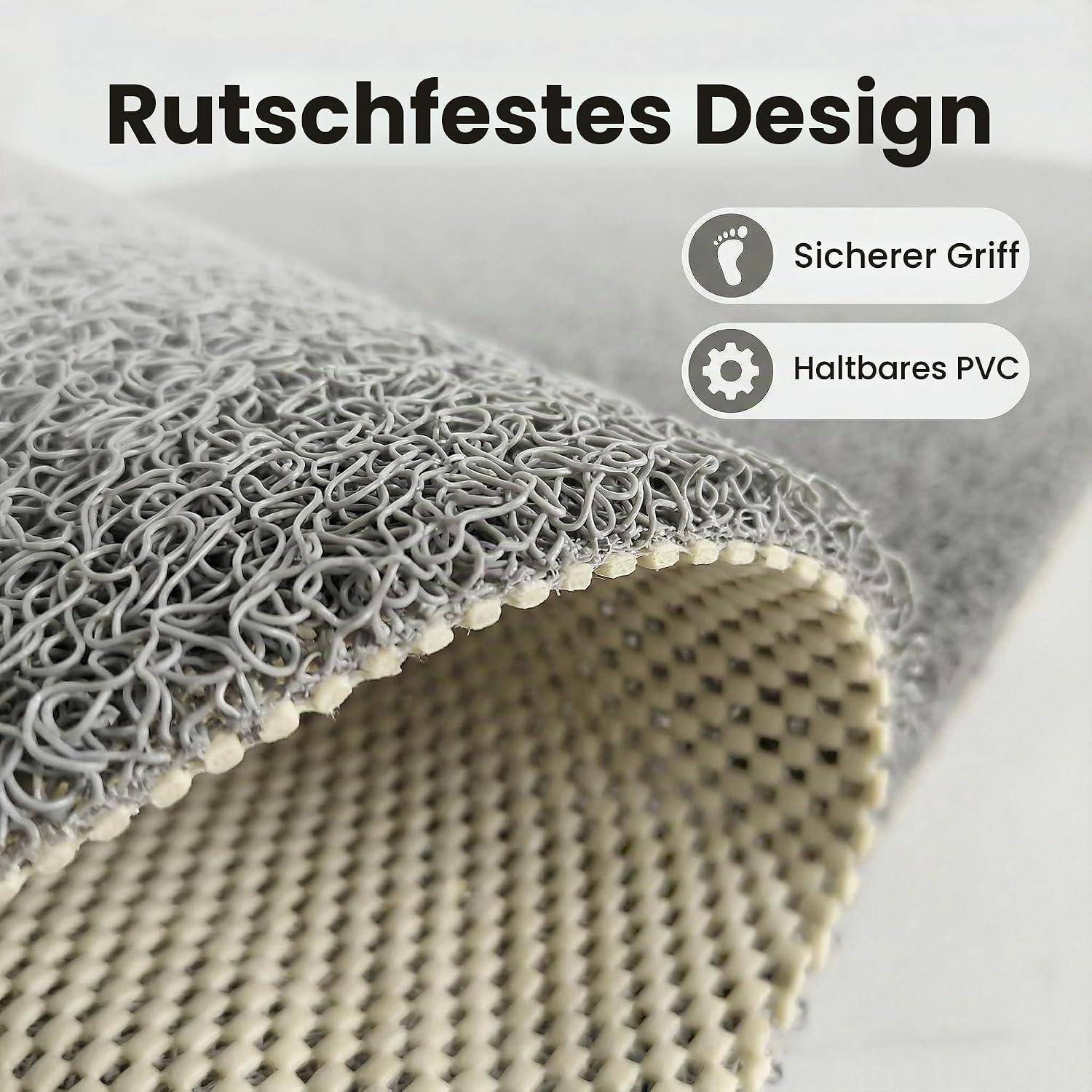 Nahaufnahme einer grauen rutschfesten Matte mit gewellter Oberflächenstruktur; Text besagt „Rutschfestes Design", „Sicherer Griff"" und „Haltbares PVC"".