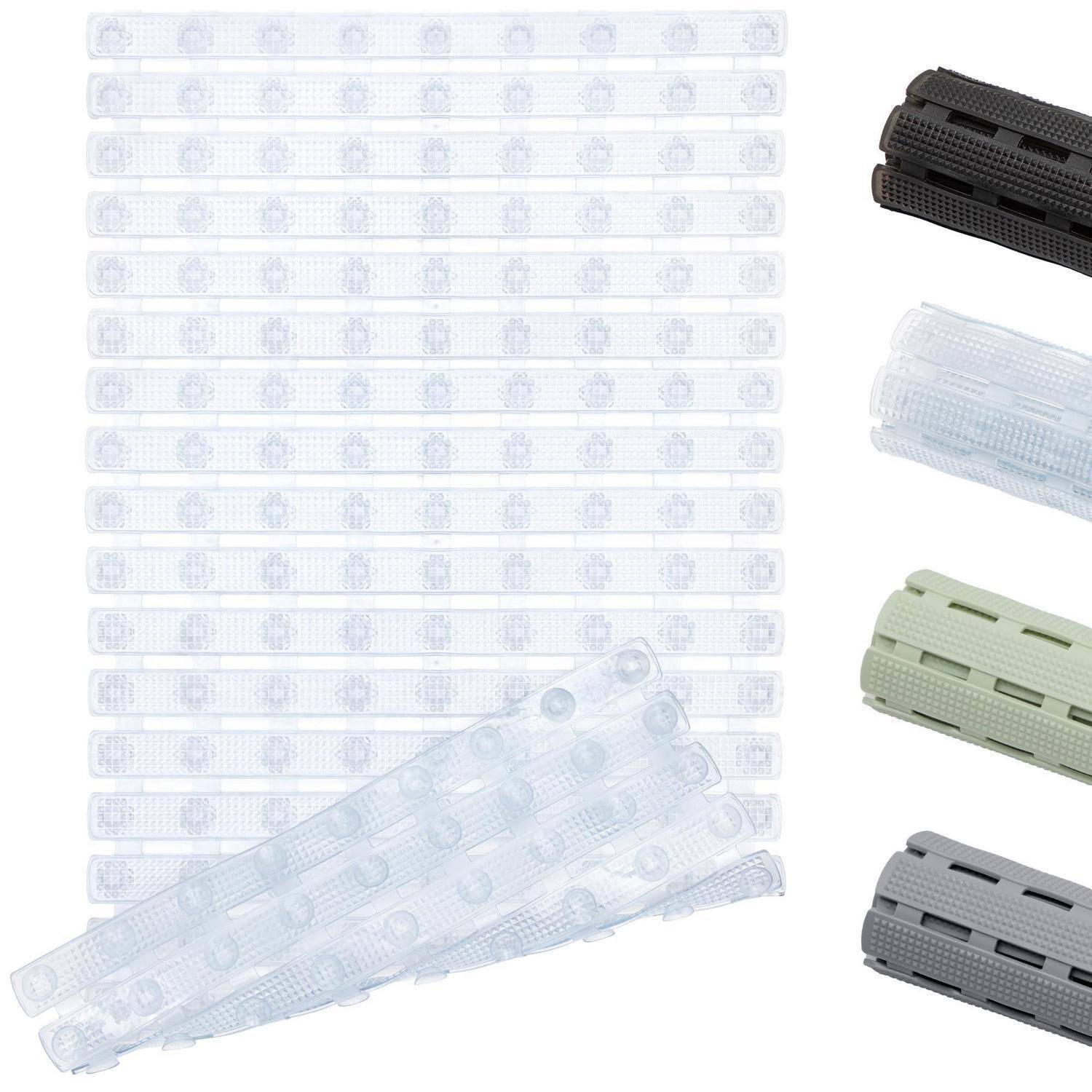 Satz aus strukturierten, perforierten Armband-Riemen in Weiß, Schwarz, Hellgrün und Grau; ein durchscheinender Riemen liegt diagonal über dem Stapel.