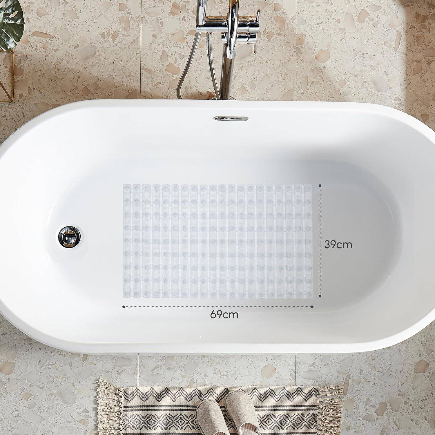 Draufsicht auf eine weiße ovale Badewanne mit einer zentrierten rutschfesten Matte, beschriftet mit 69 cm Länge und 39 cm Breite als Größenreferenz.
