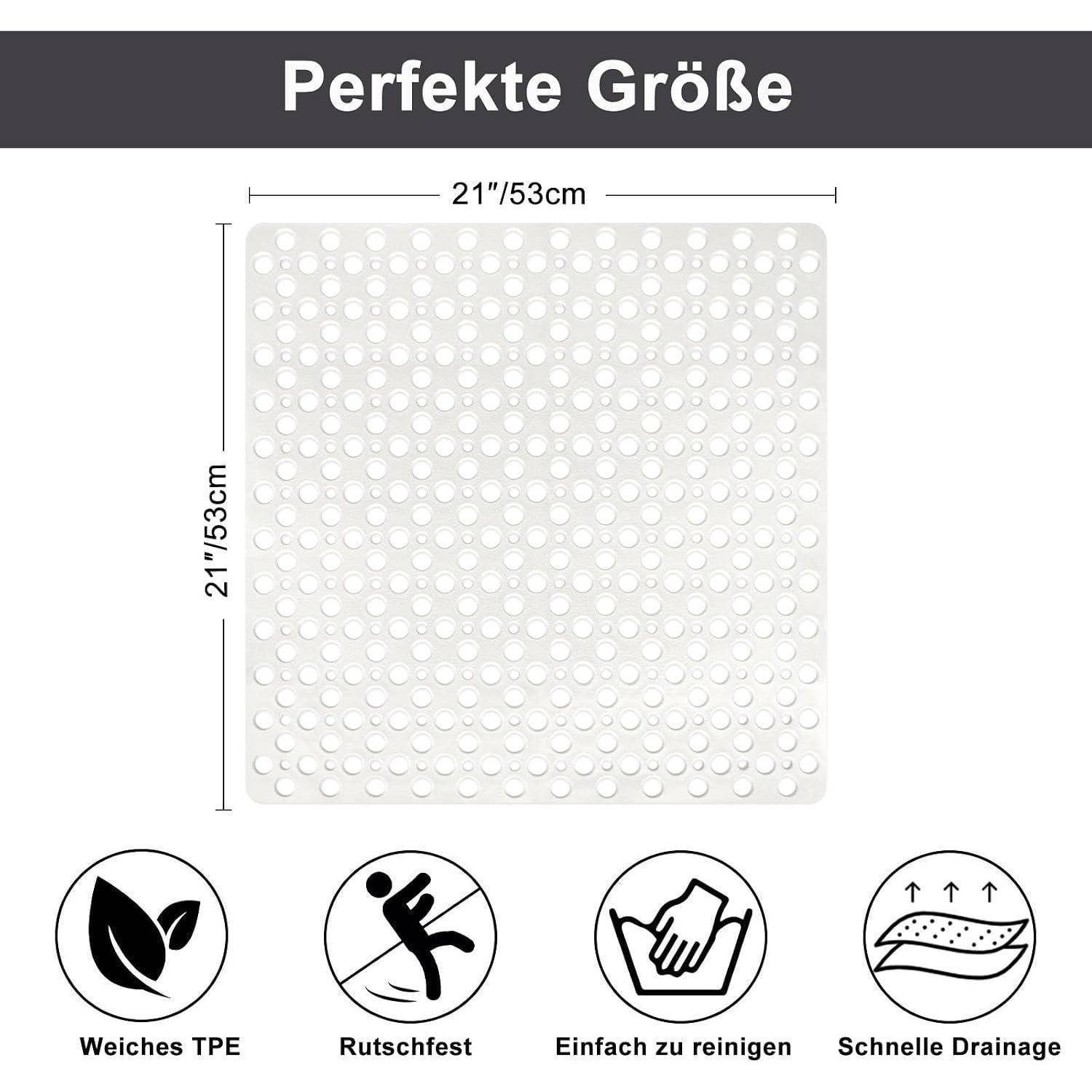 Produktgrößen-Diagramm mit einer quadratischen Matte mit den Maßen 21 x 21 Zoll (53 cm) mit Funktionssymbolen für weiches TPE, rutschfest, leichte Reinigung und schnelle Drainage.