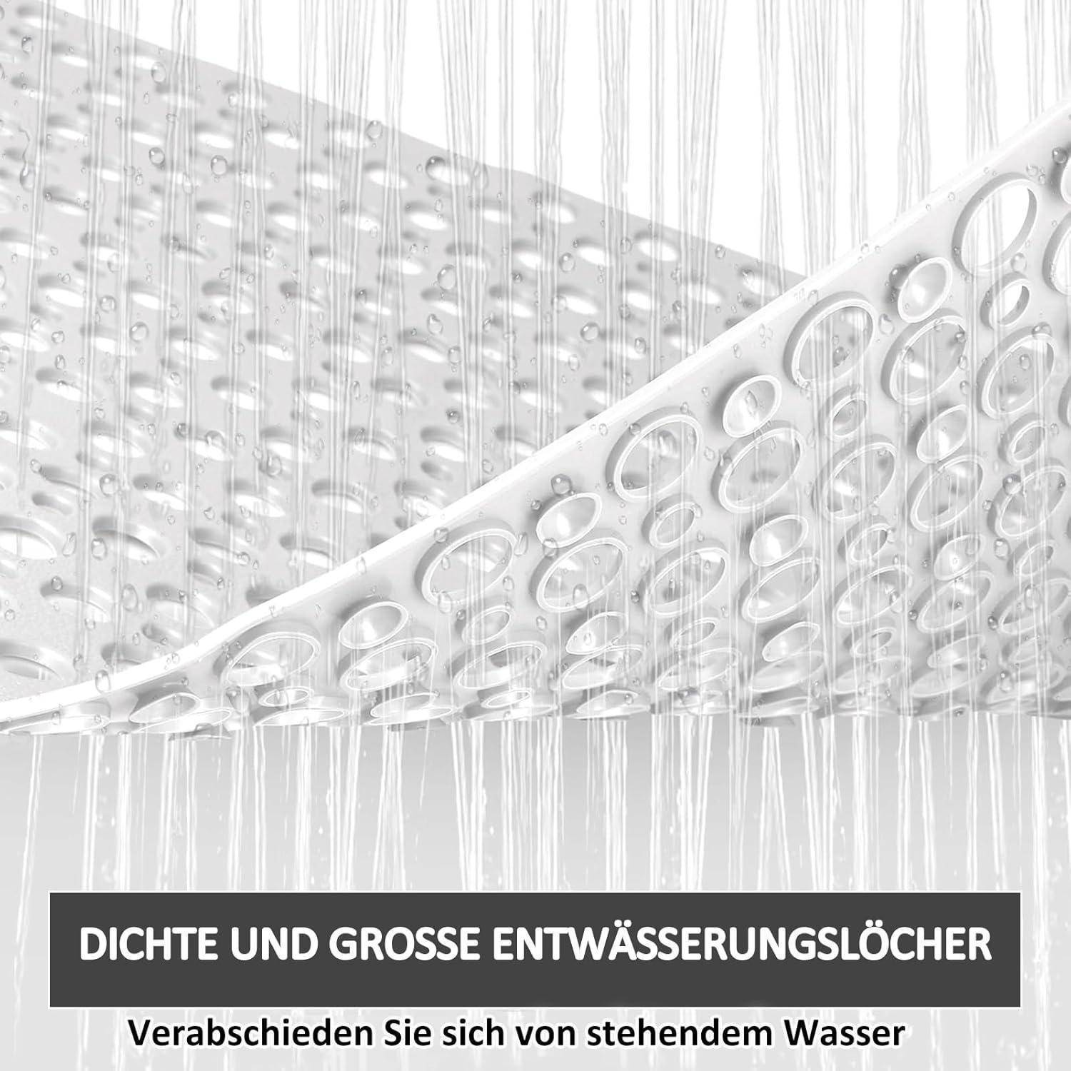 Nahaufnahme einer Drainagefläche mit vielen Löchern und Wasser, das durchströmt, beschriftet auf Deutsch 
