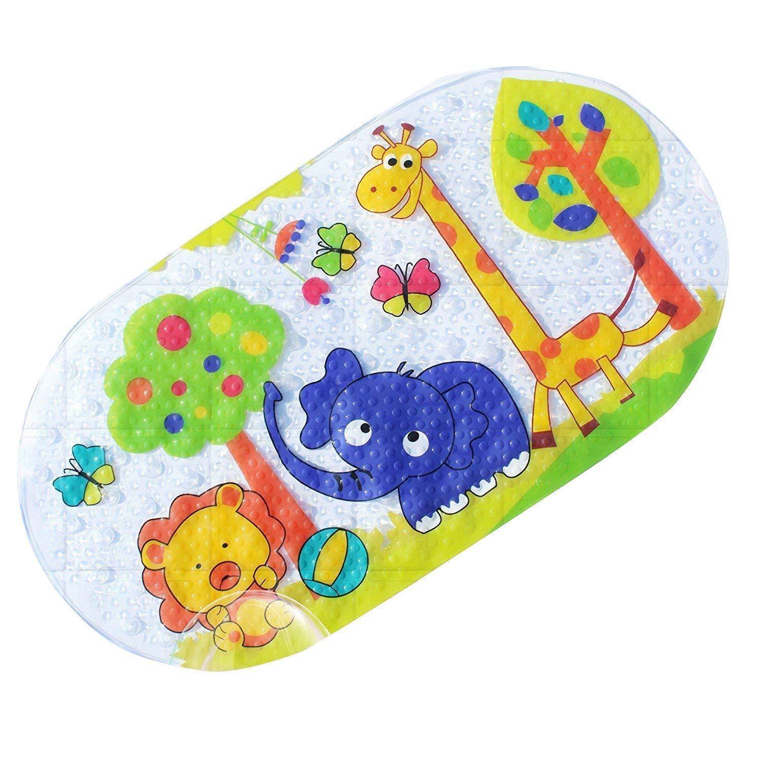 Farbenfrohe ovale aufblasbare Baby-Badekissen mit Cartoon-Elefanten, Giraffe, Löwen, Schmetterlingen und Bäumen auf weißem Hintergrund