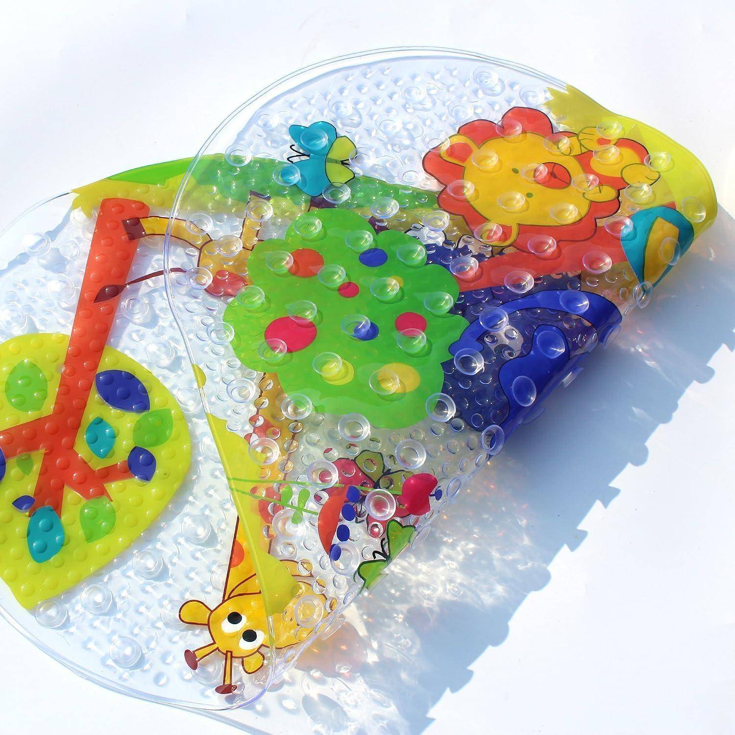 Transparentes Sinnesspielzeug mit farbigen erhabenen Formen und Insektenillustrationen auf einer durchsichtigen Kunststoffoberfläche, wahrscheinlich eine Tast-Spielmatte oder ein Tast-Pad.