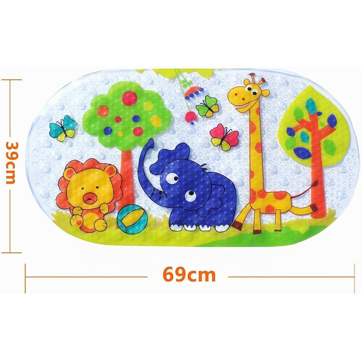Farbenfrohe Wandtattoo für Kinder mit einem Löwen, Elefanten, einer Giraffe, Bäumen, Schmetterlingen und einem Ball, mit einer Breite von 69 cm und einer Höhe von 39 cm.