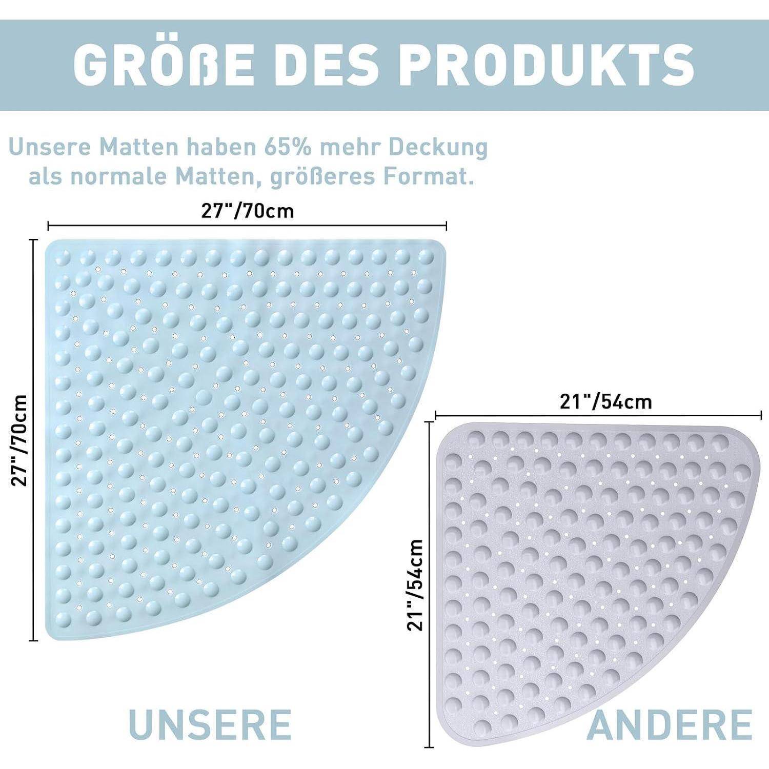 Größenvergleich-Grafik mit unserer Matte bei 27 x 27 Zoll/70 cm mit 65 % mehr Abdeckung als andere Matten bei 21 x 21 Zoll/54 cm.