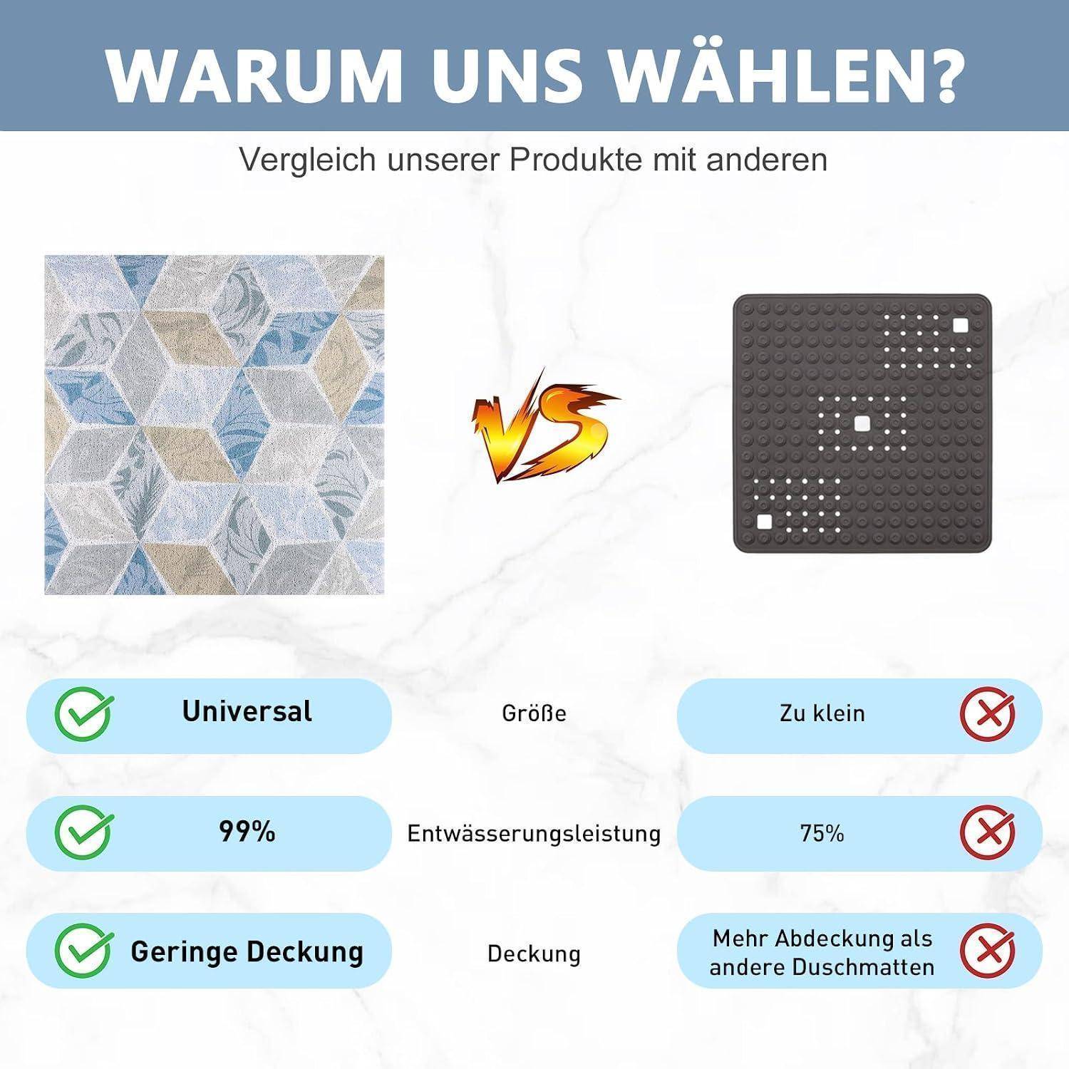 Duschmatte rutschfest 80x80cm PVC Luffa-Struktur Ablauflöcher