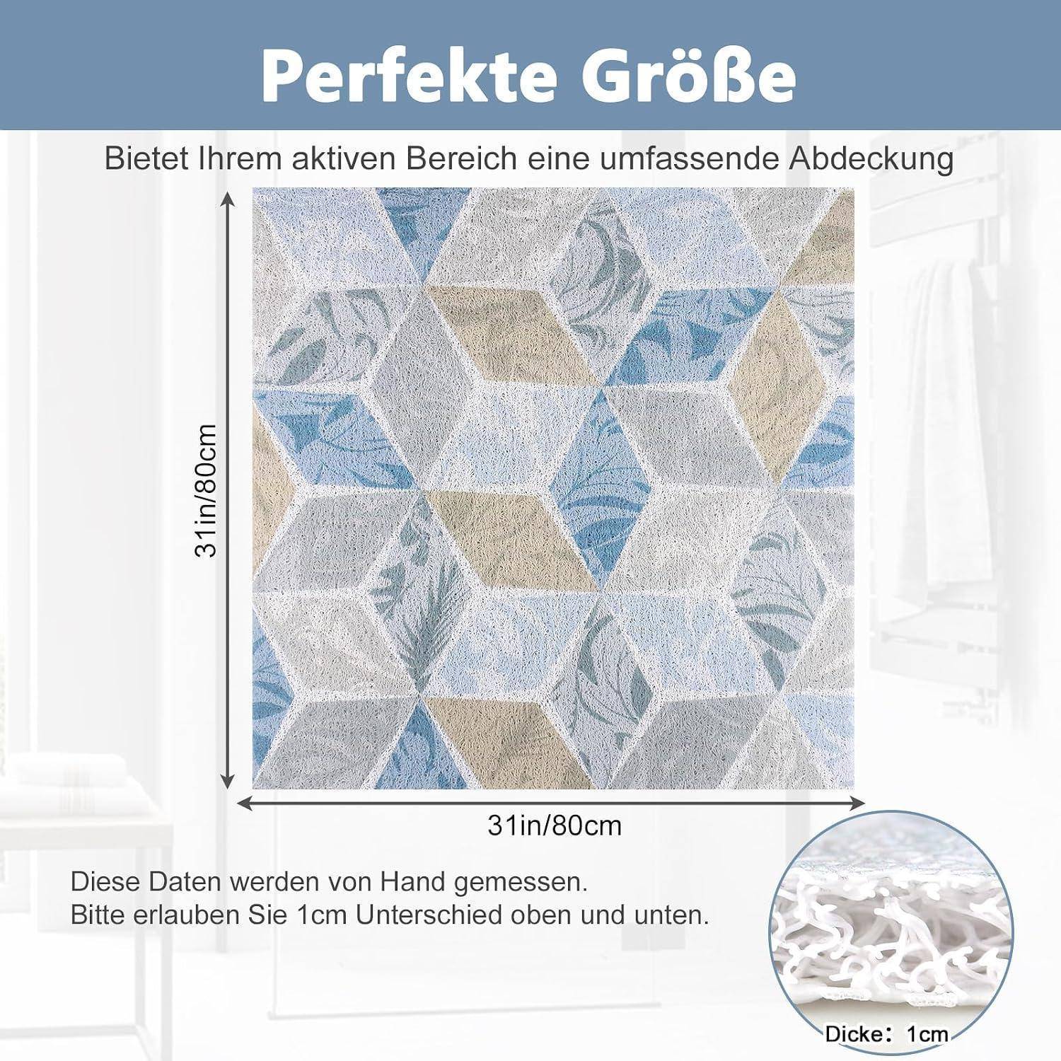 Grafik mit der Aufschrift "Perfekte Größe"": Eine quadratische Teppichauflage misst 31 x 31 Zoll (80 x 80 cm) mit einer Dicke von 1 cm und einem Hinweis auf eine Messertoleranz von 1 cm.