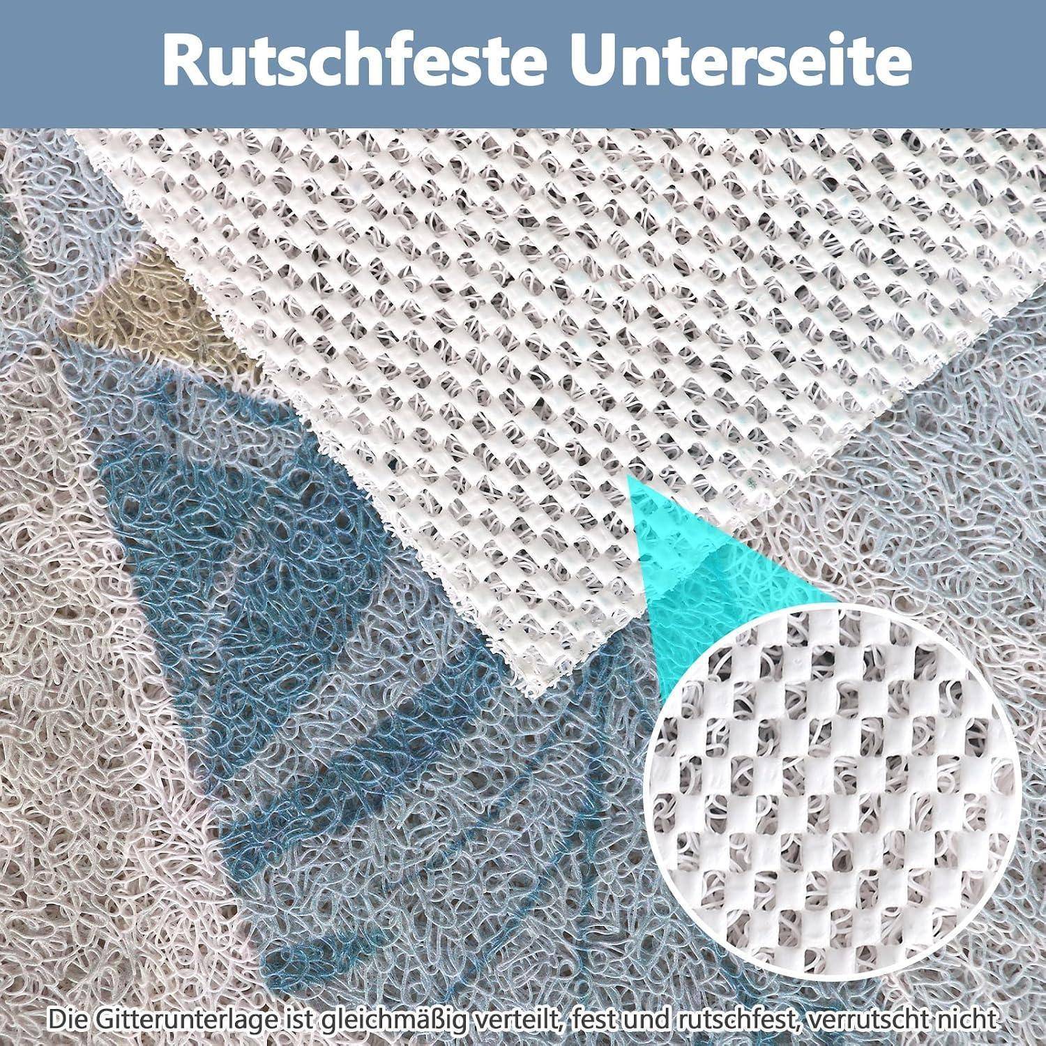 Nahaufnahme einer rutschfesten Netzunterlage mit vergrößertem Texturdetail; deutscher Text liest „Rutschfeste Unterseite" und vermerkt, dass sie an ihrem Platz fest bleibt.