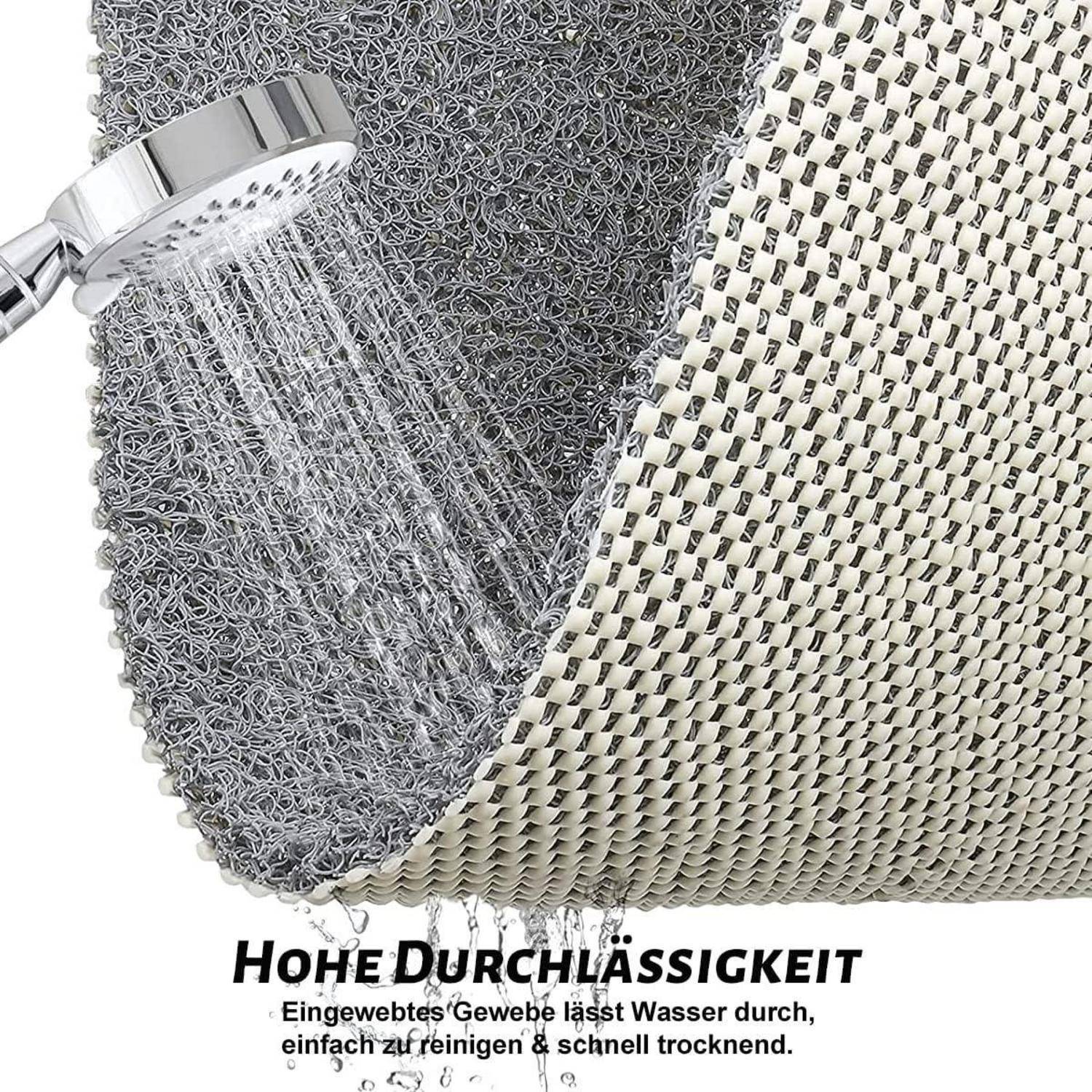 Duschkopf sprüht Wasser über eine gewebte Stoffmatte mit der Aufschrift „HOHE DURCHLÄSSIGKEIT