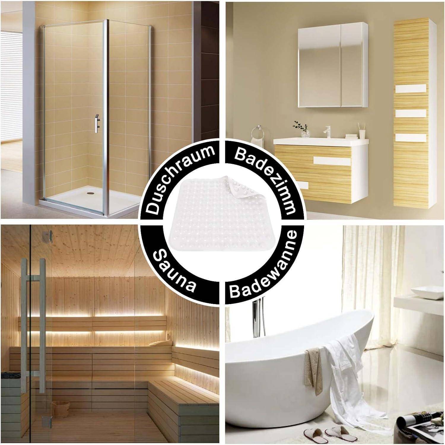 Collage von Badezimmer- und Spa-Innenräumen: Dusche, Waschtisch, Sauna und Badewanne rund um einen zentralen Kreis mit den Beschriftungen „Duschraum