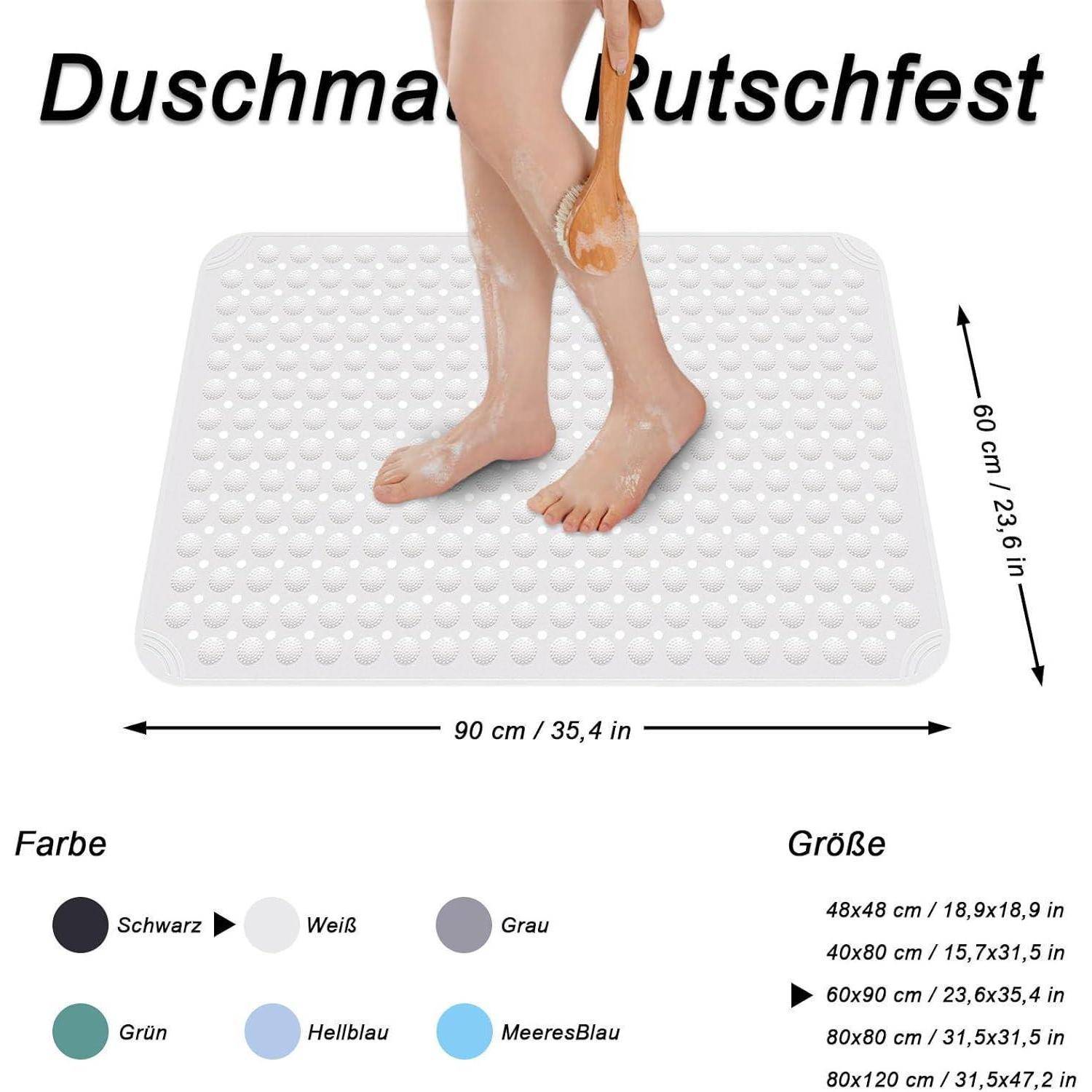Produktbild einer rutschfesten Badewannenmatte mit Saugnapfpunkten, unter Füßen gezeigt; Größe 90 x 60 cm gekennzeichnet und erhältlich in Schwarz, Weiß, Grau, Grün, Hellblau und Meeresblau.