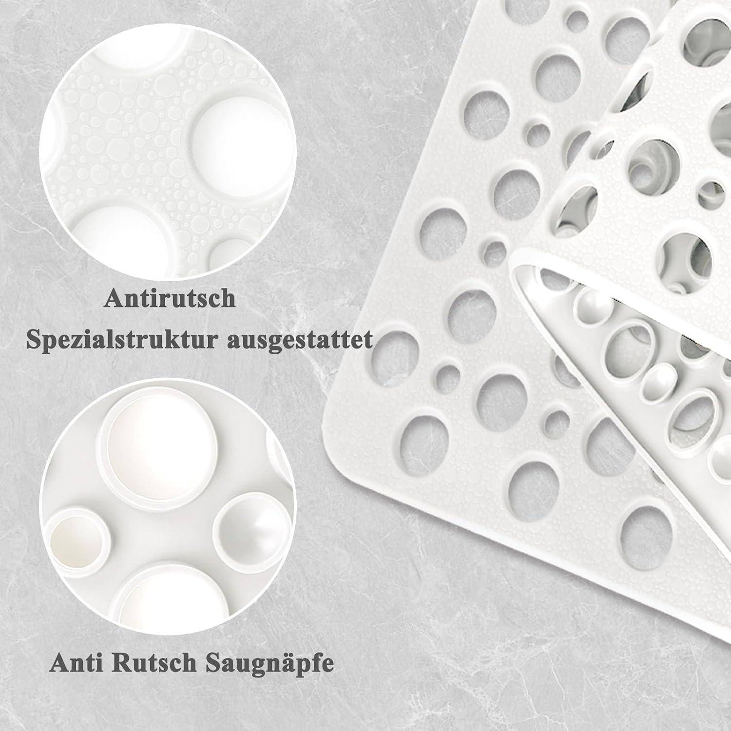 Nahaufnahme von weißen perforierten Antirutschmatten mit Saugnäpfen; deutscher Text lautet „Antirutsch Spezialstruktur ausgestattet