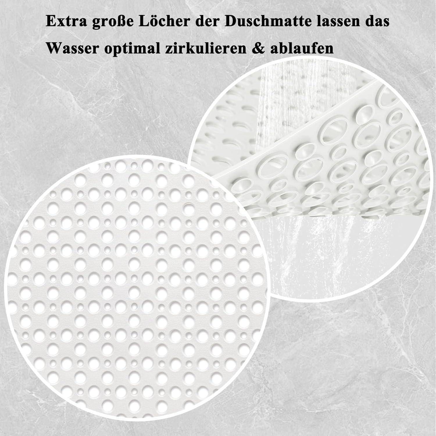 Weißes Badtuch mit extra großen Löchern; der Text besagt, dass sie eine optimale Wasserzirkulation und Drainage ermöglichen.