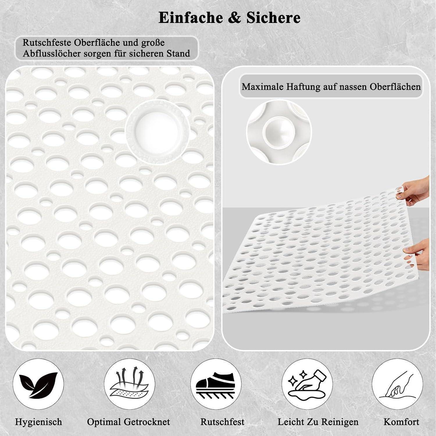 Produktanzeige für eine weiße perforierte Badematte: 'Einfach & Sicher' und 'Maximale Haftung auf nassen Oberflächen', mit Hervorhebung von rutschfest, schnelltrocknend, hygienisch, pflegeleicht und Komfort.