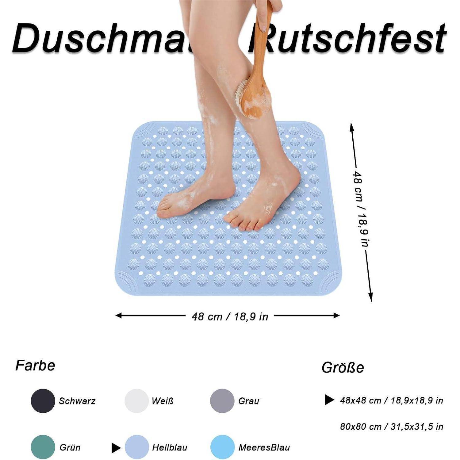 Produktbild einer rutschfesten Duschmatte, auf die getreten wird, mit Abmessungen von 48 cm x 48 cm und Farboptionen beschriftet: Schwarz, Weiß, Grau, Grün, Hellblau und Meeresblau.