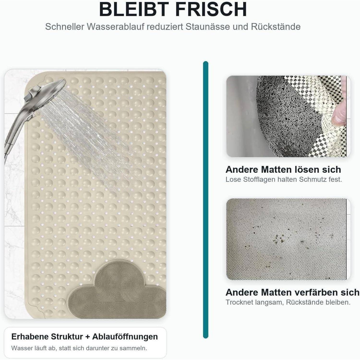 Duschmatte 60x90cm TPE Khaki rutschfest mit Saugnäpfen und Massagefunktion